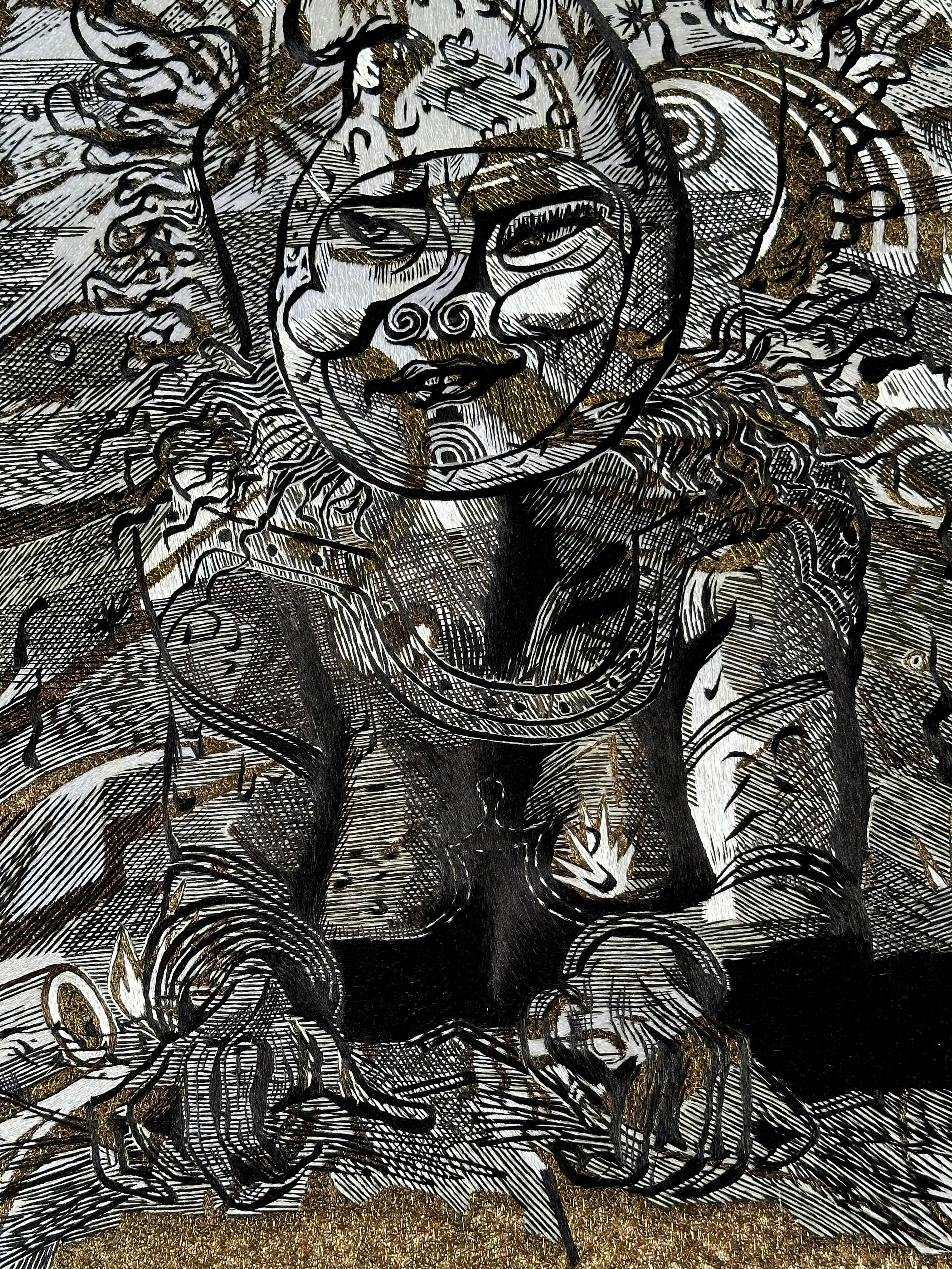Modern Wall Decoration Fine Silk and Metallic Threads Embroidery in Black Wood Frame For Sale