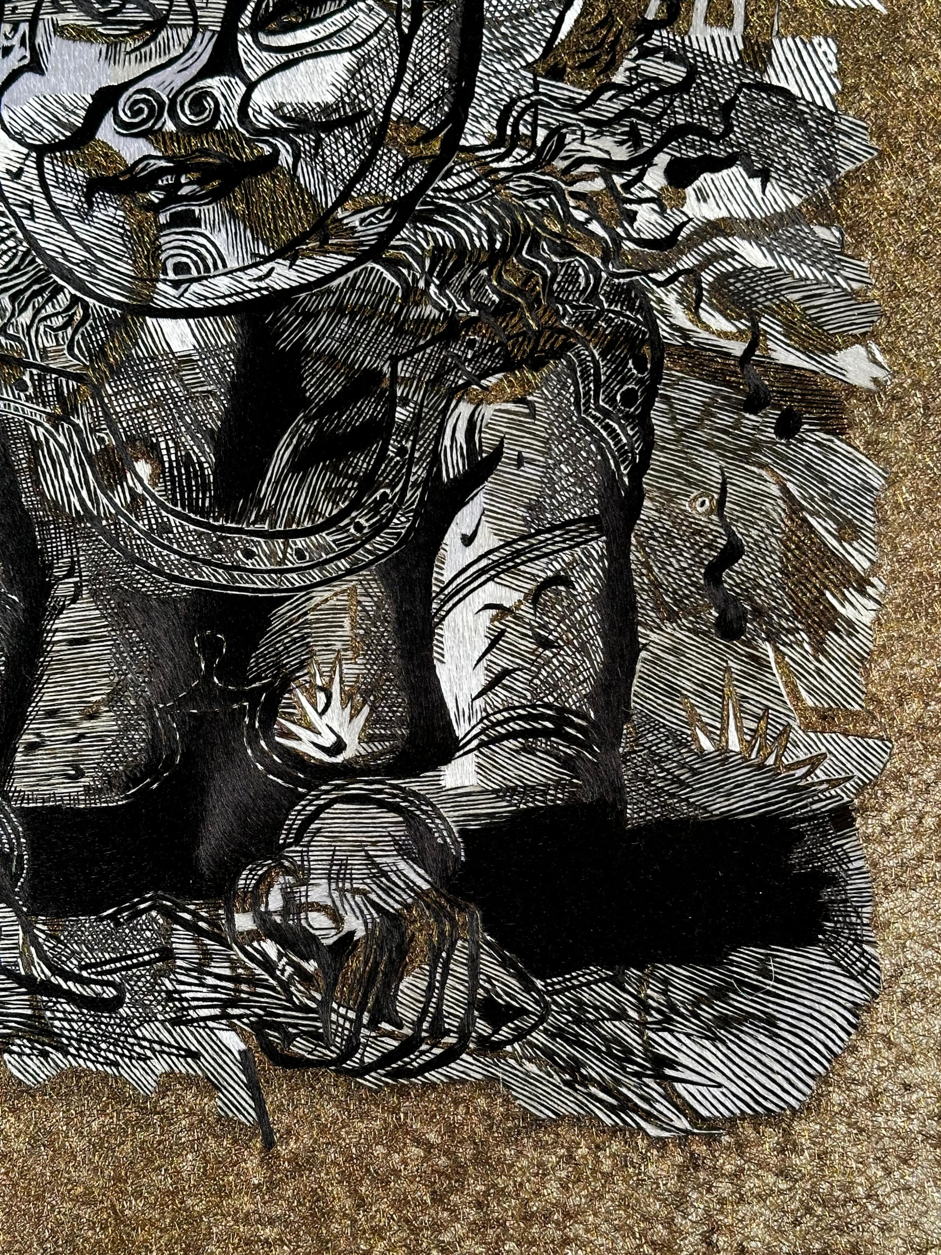Spanish Wall Decoration Fine Silk and Metallic Threads Embroidery in Black Wood Frame For Sale