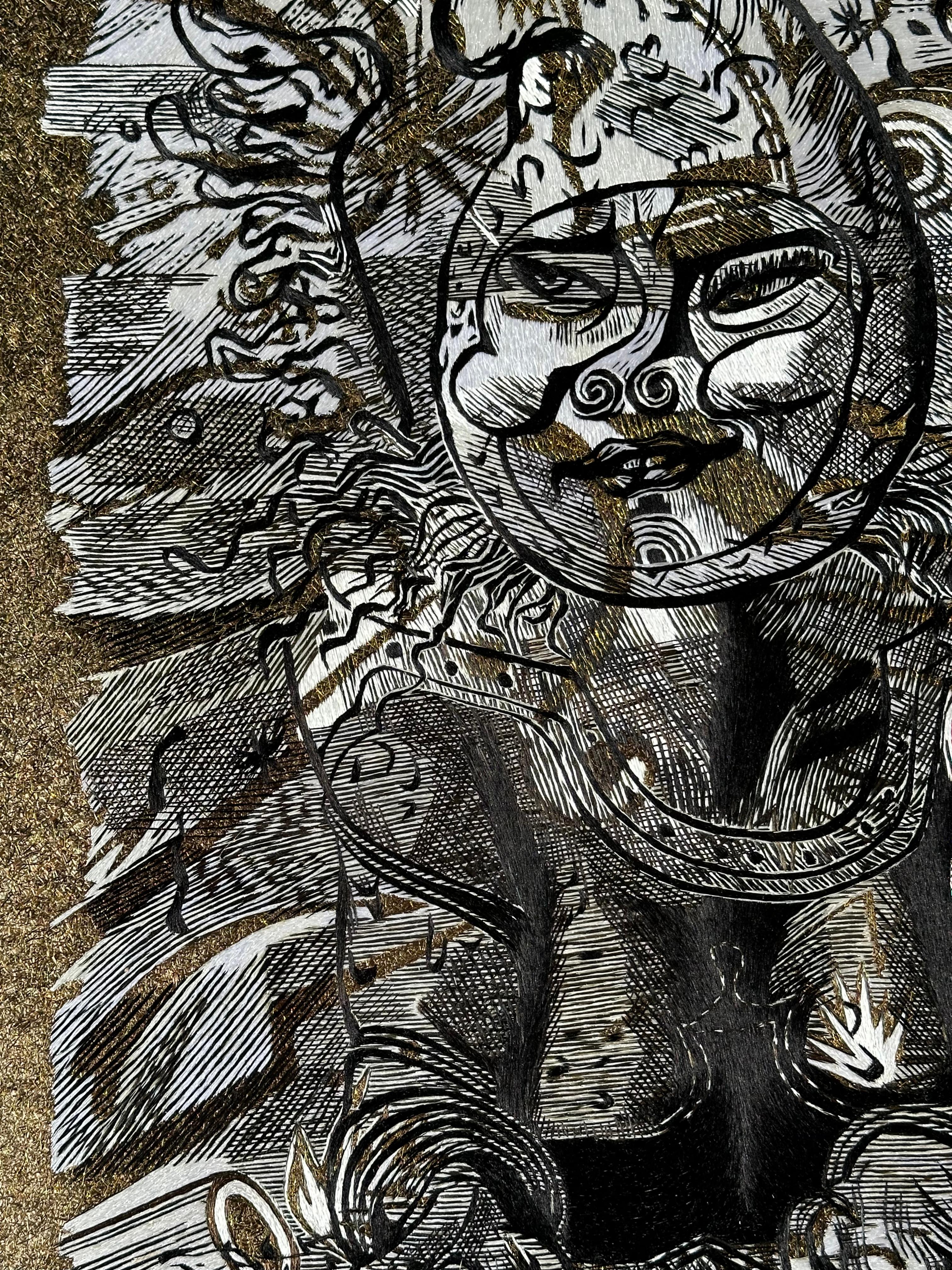 Hand-Painted Wall Decoration Fine Silk and Metallic Threads Embroidery in Black Wood Frame For Sale
