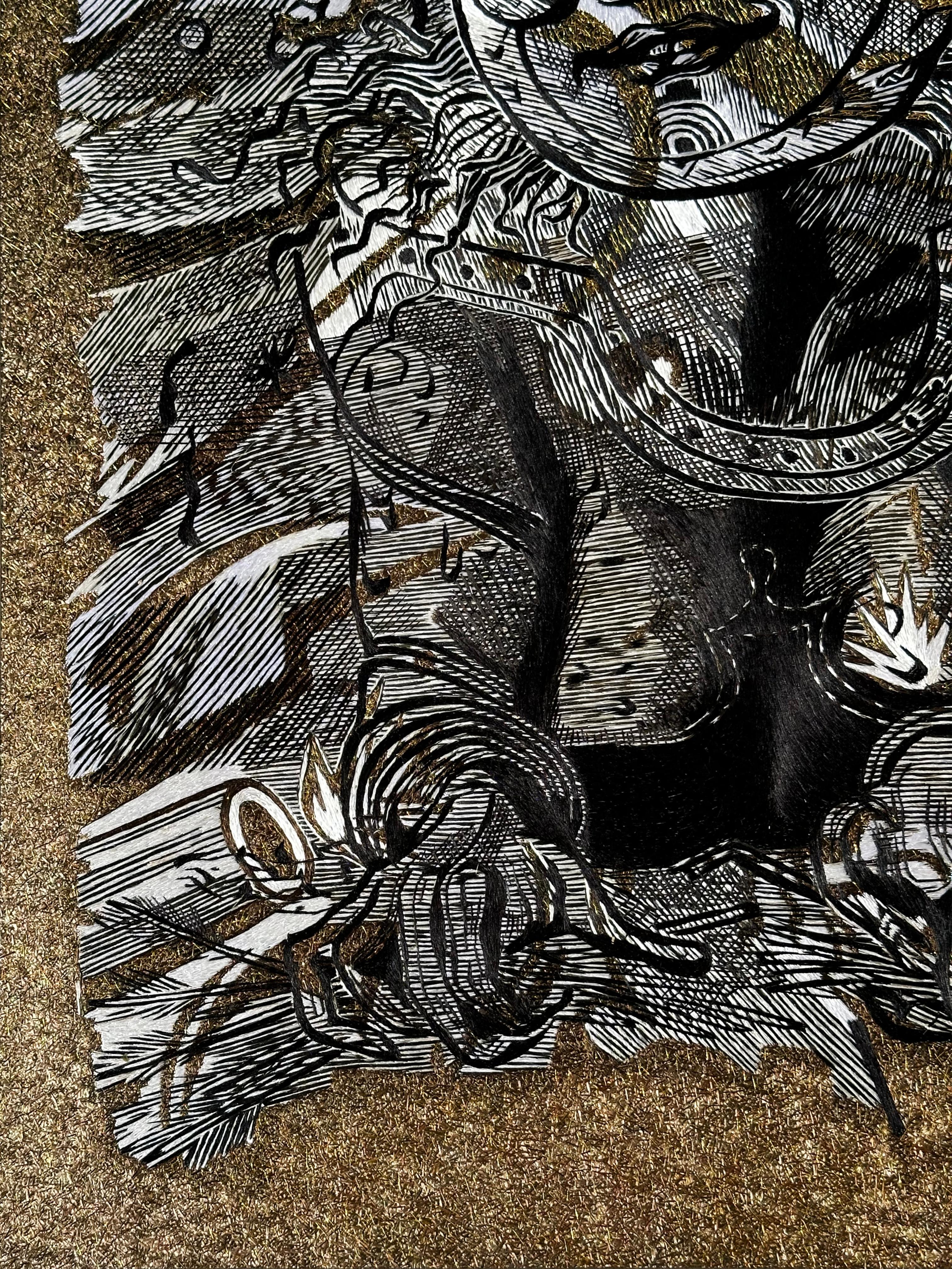 Wall Decoration Fine Silk and Metallic Threads Embroidery in Black Wood Frame In New Condition For Sale In Hong Kong, HK