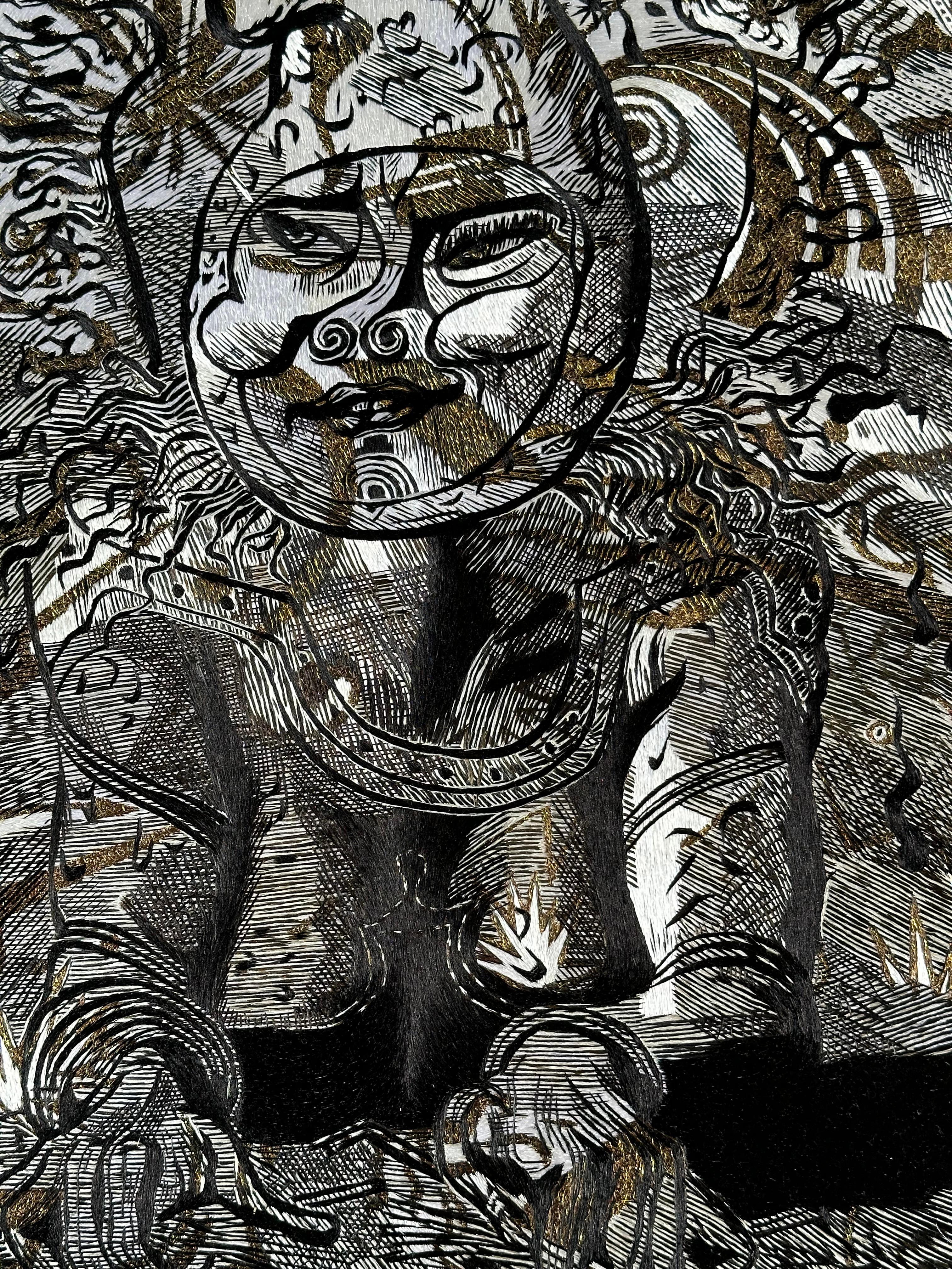 Contemporary Wall Decoration Fine Silk and Metallic Threads Embroidery in Black Wood Frame For Sale