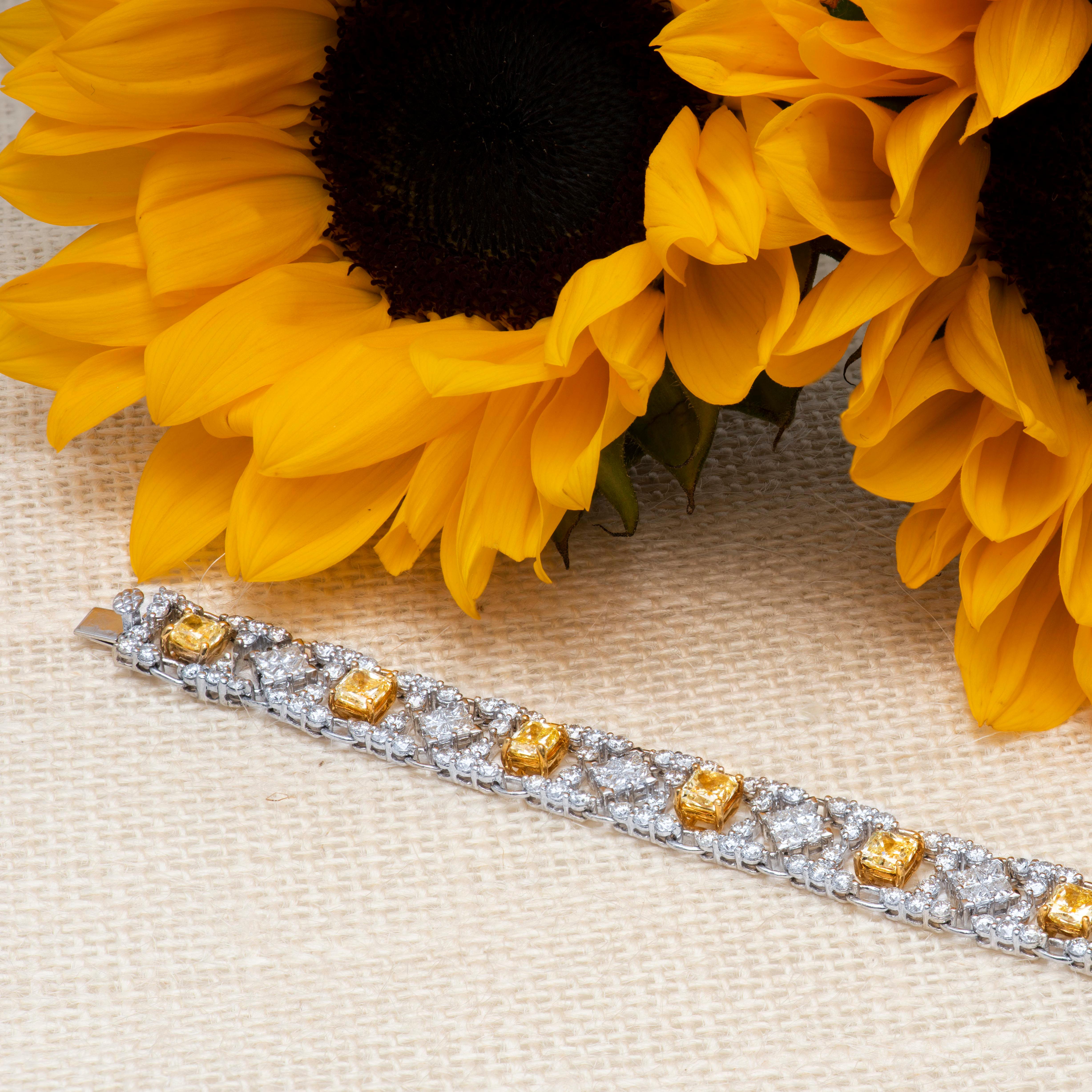 Radiant Cut Modern Style Yellow and White Diamond Bracelet in Platinum and 18 Karat Gold For Sale