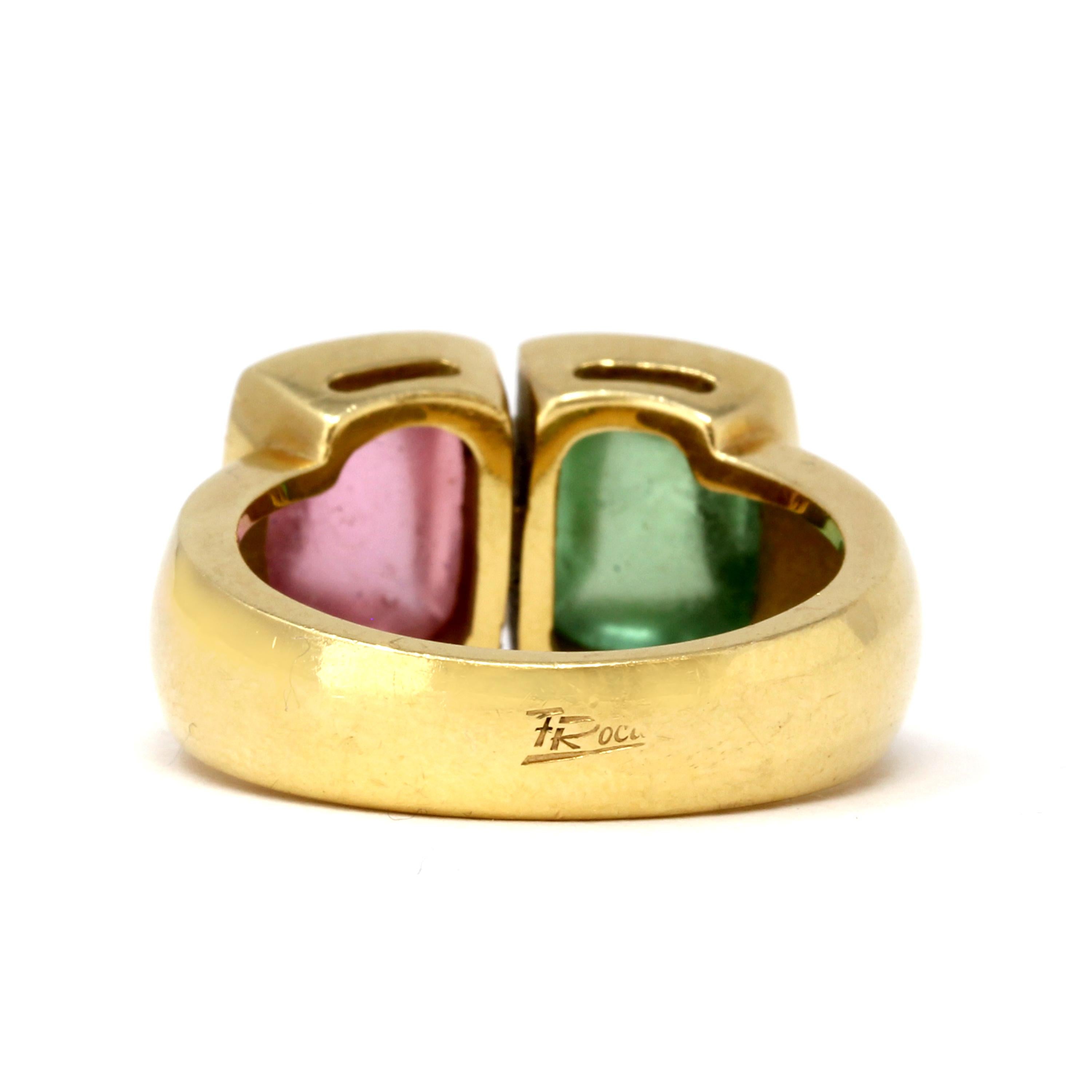 18k Two-Stone Sugarloaf Cabochon Green and Pink Tourmalines Ring, circa 1980  In Excellent Condition In Miami, FL