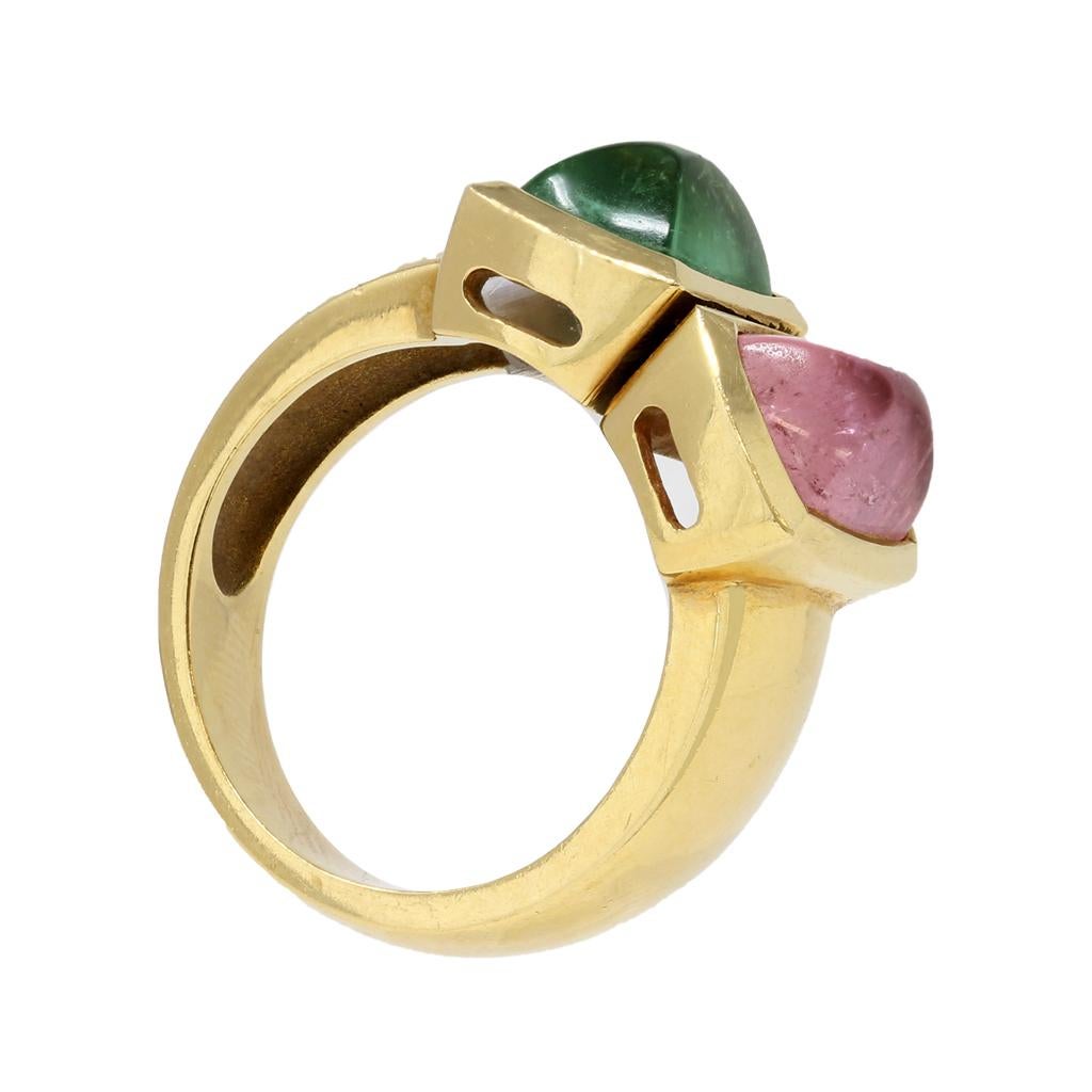 Modern 18k Two-Stone Sugarloaf Cabochon Green and Pink Tourmalines Ring, circa 1980 