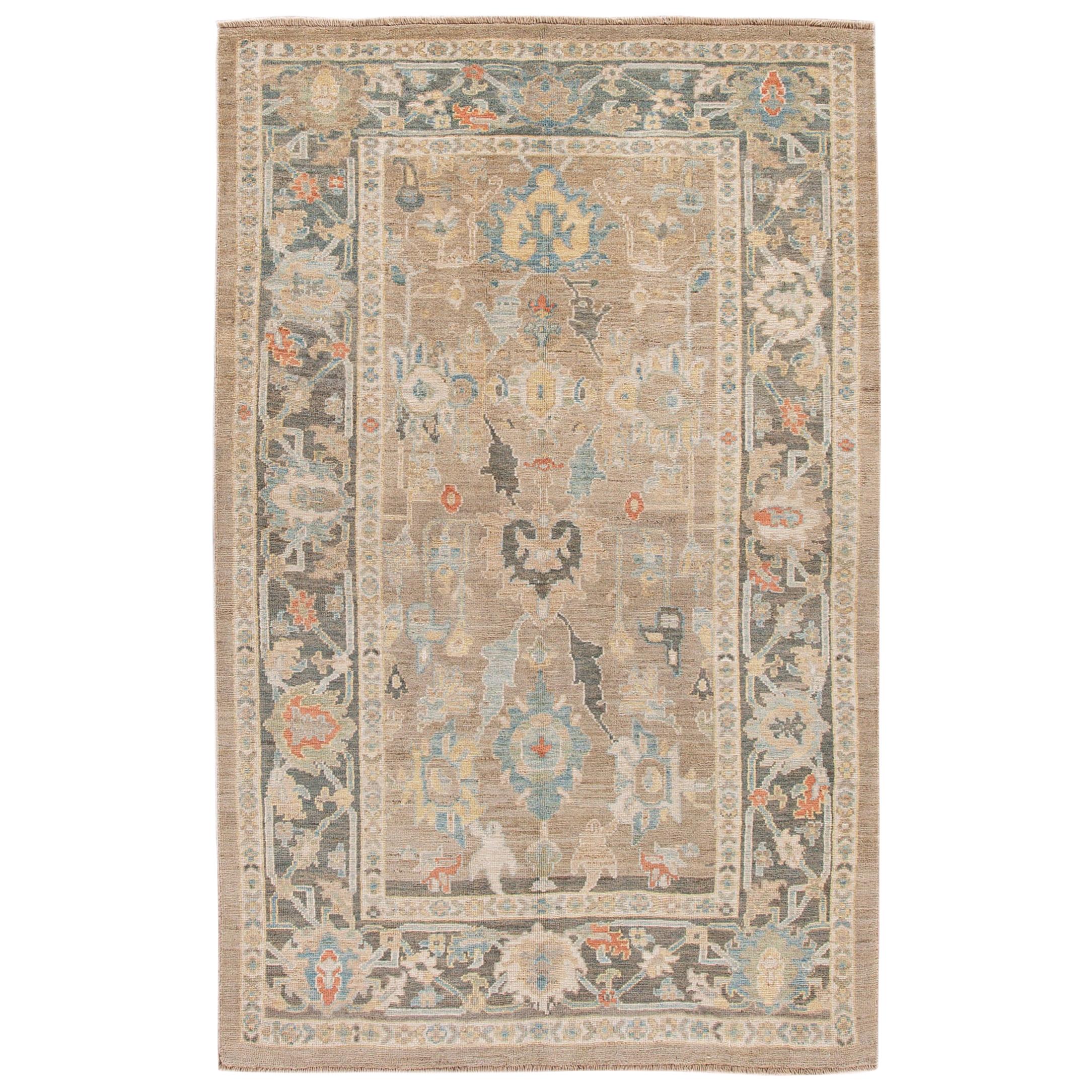 Modern Sultanabad Beige and Gray Handmade Floral Wool Rug For Sale