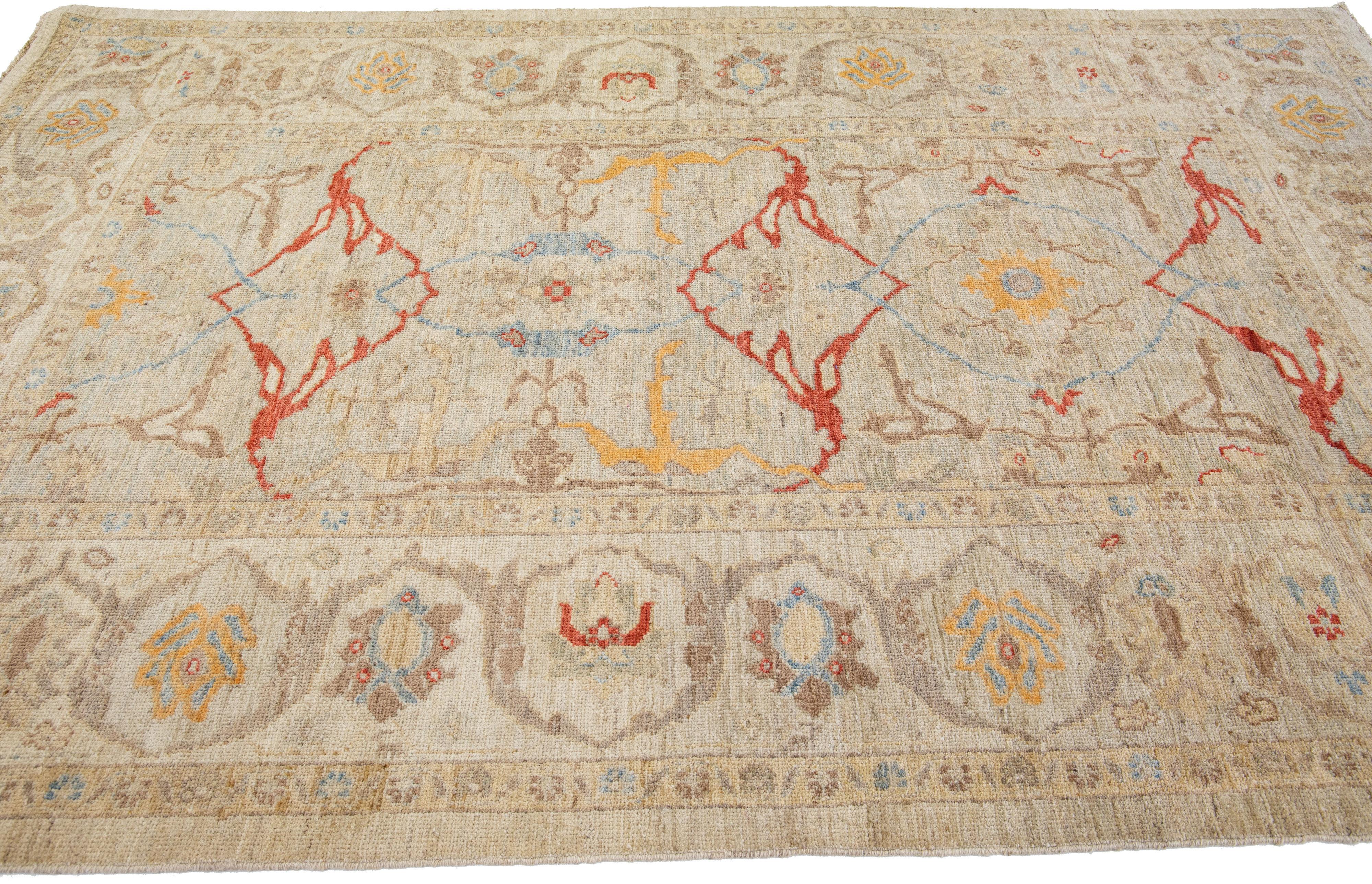 Hand-Knotted Modern Sultanabad Beige Handmade Designed Wool Rug For Sale