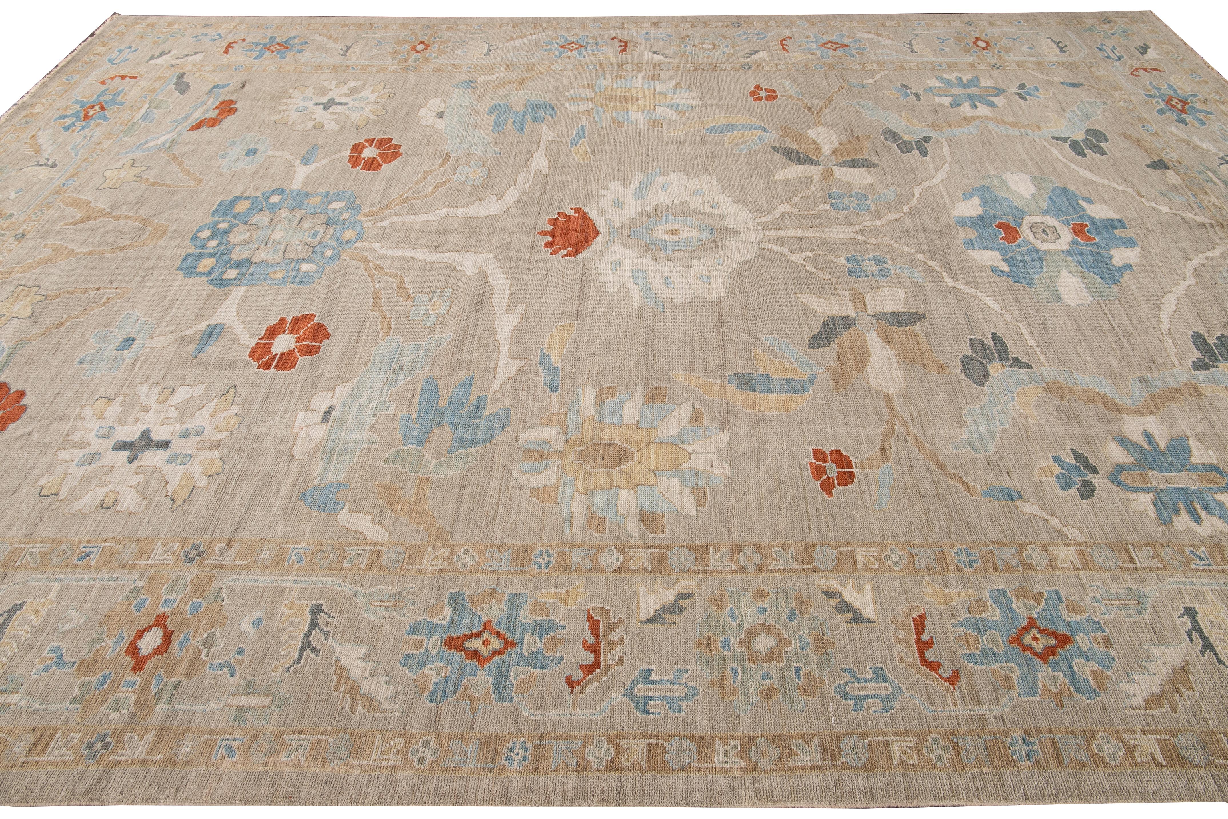 Contemporary Modern Sultanabad Beige Handmade Floral Wool Rug For Sale