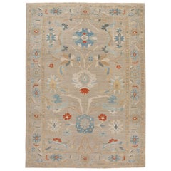 Tapis moderne en laine beige Sultanabad à fleurs fait à la main