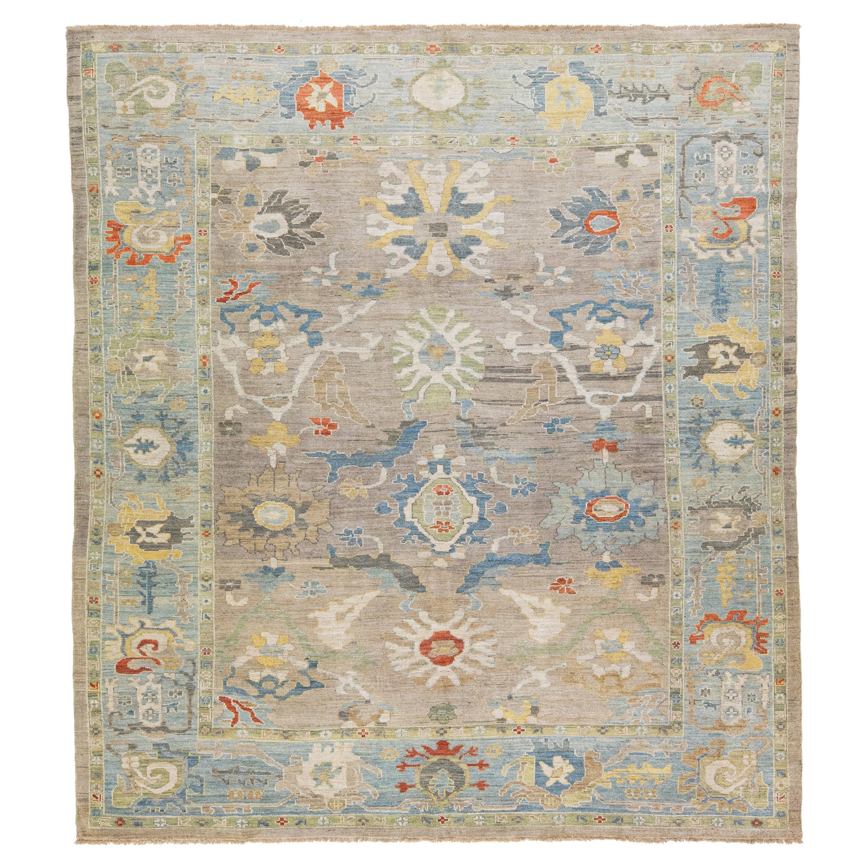 Tapis moderne en laine beige Sultanabad à fleurs fait à la main