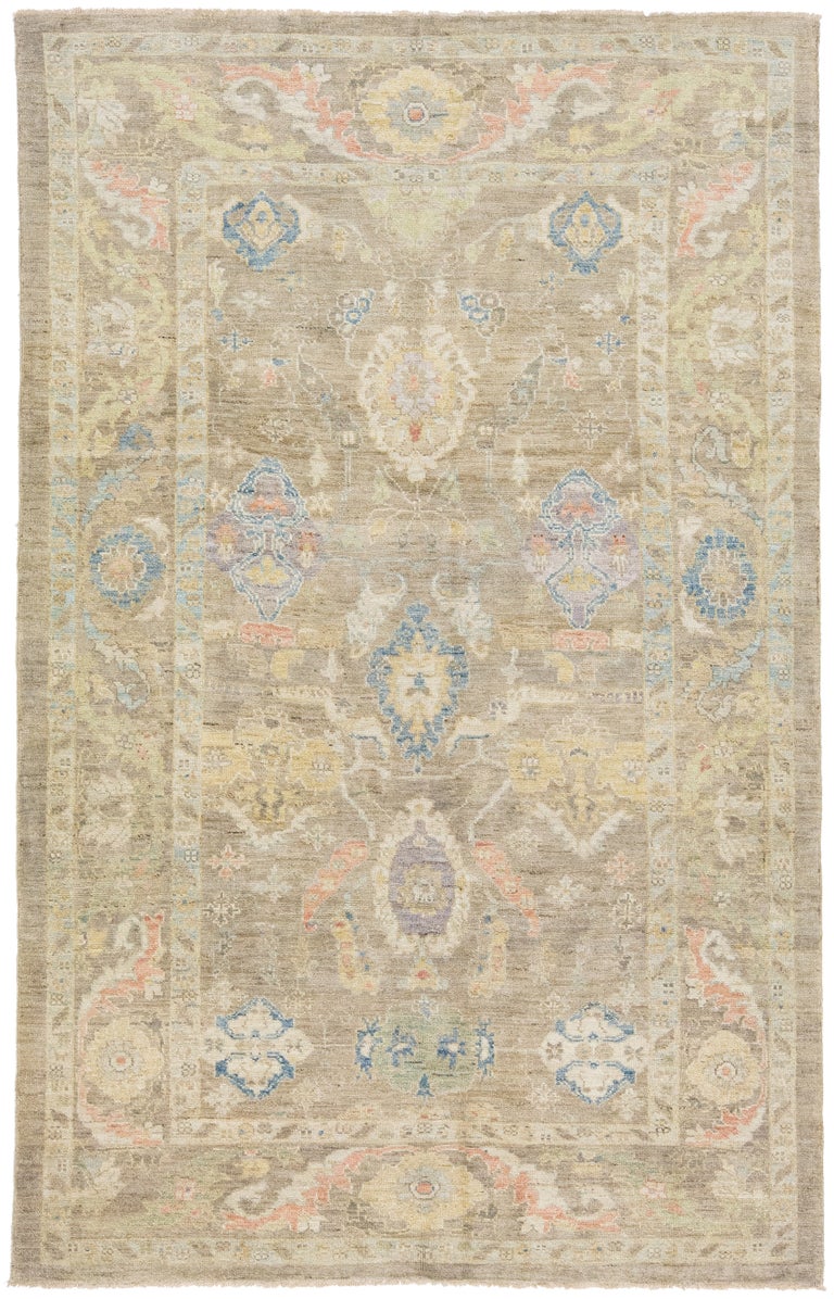 Modern Sultanabad Beige Handmade Room Size Wool Rug With Floral Motif