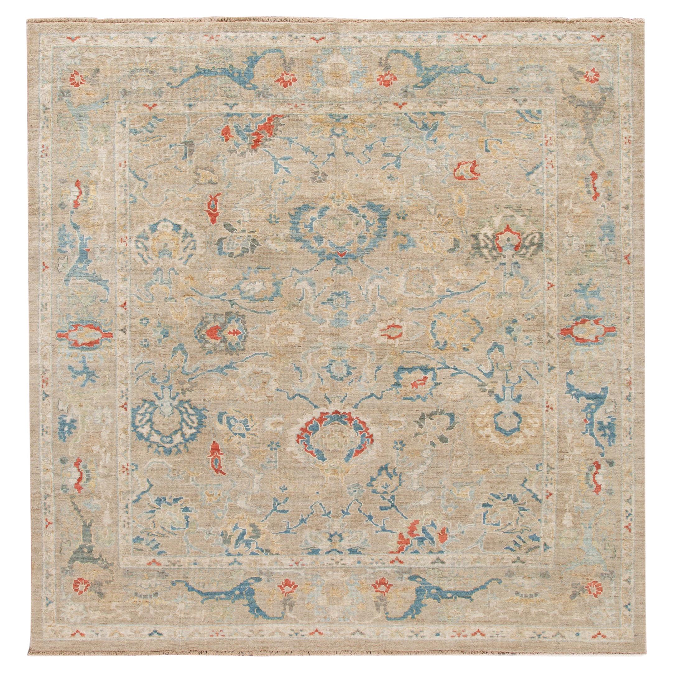 Modern Sultanabad Beige Handmade Square Floral Wool Rug