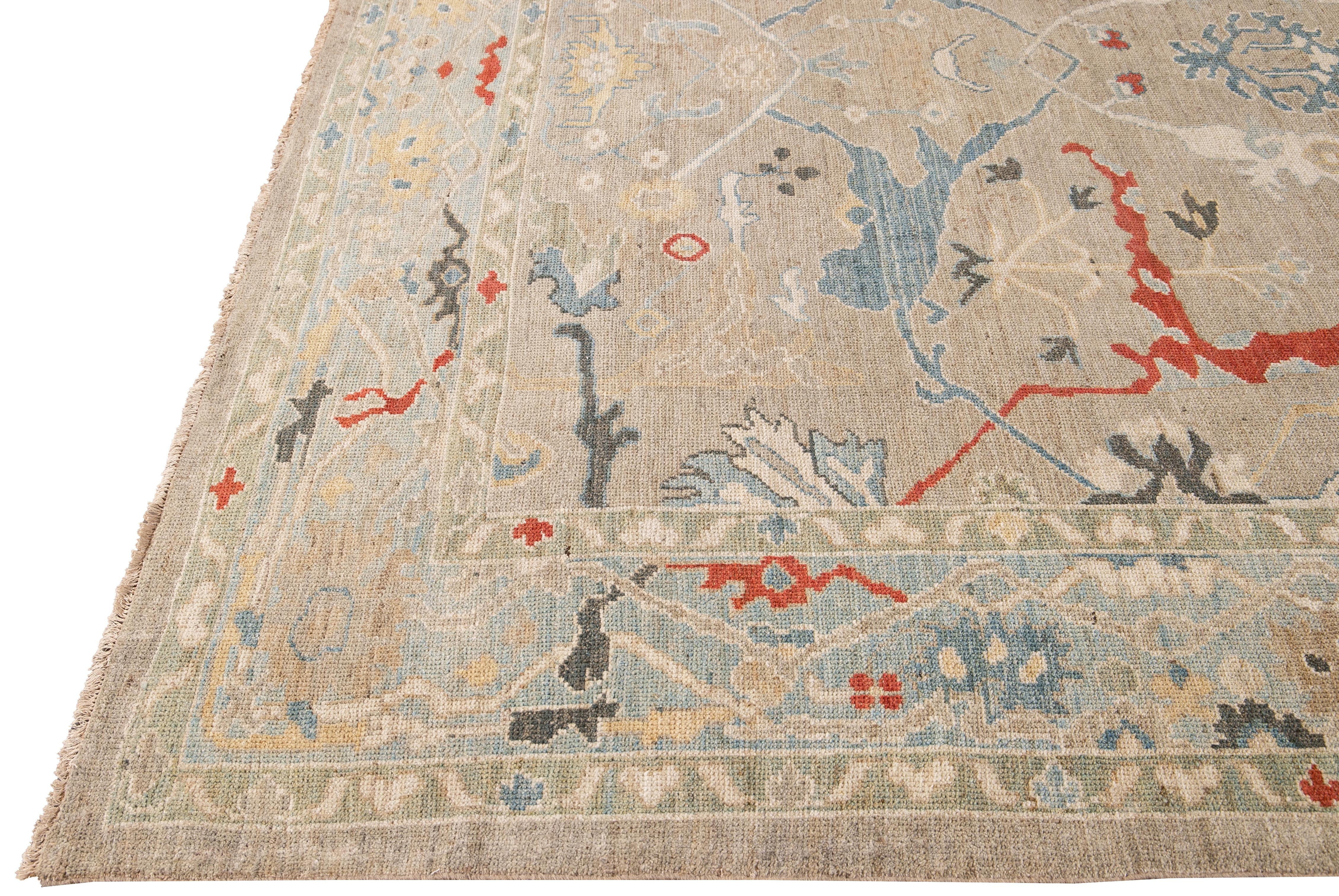 Hand-Knotted Modern Sultanabad Beige Handmade Square Medallion Designed Wool Rug For Sale