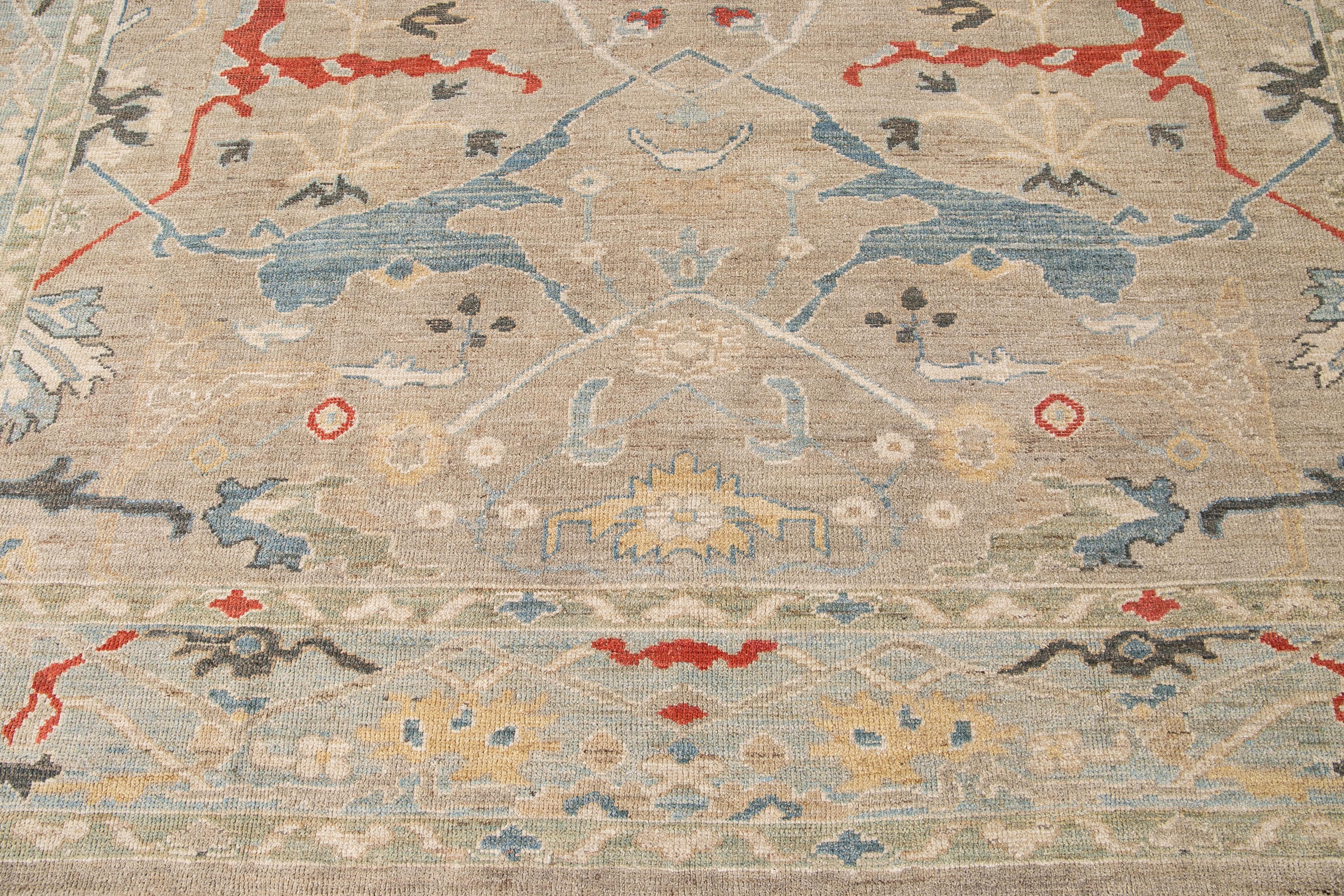Moderner moderner handgefertigter quadratischer Medaillon-Teppich aus Wolle von Sultanabad in Beige im Angebot 3