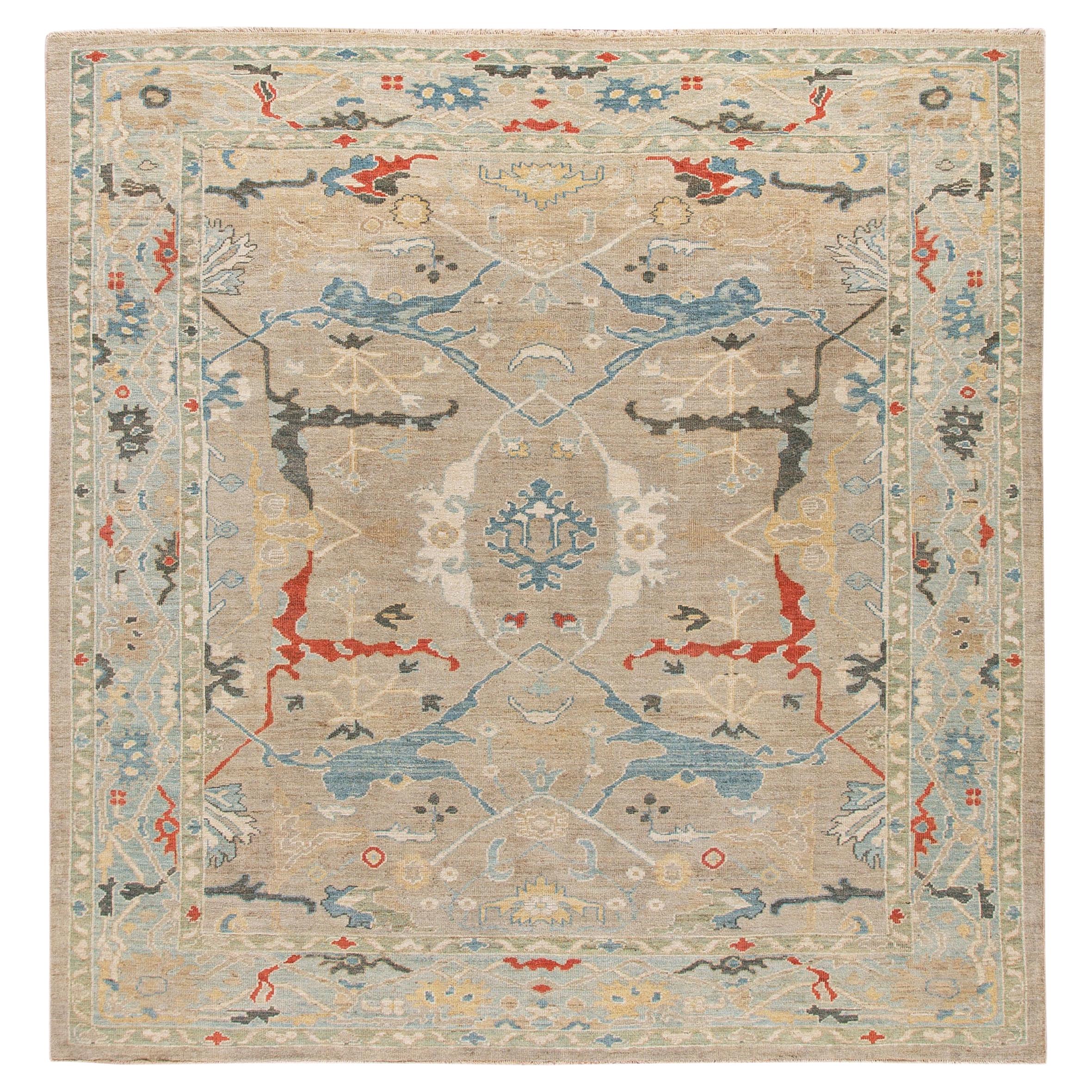 Modern Sultanabad Beige Handmade Square Medallion Designed Wool Rug