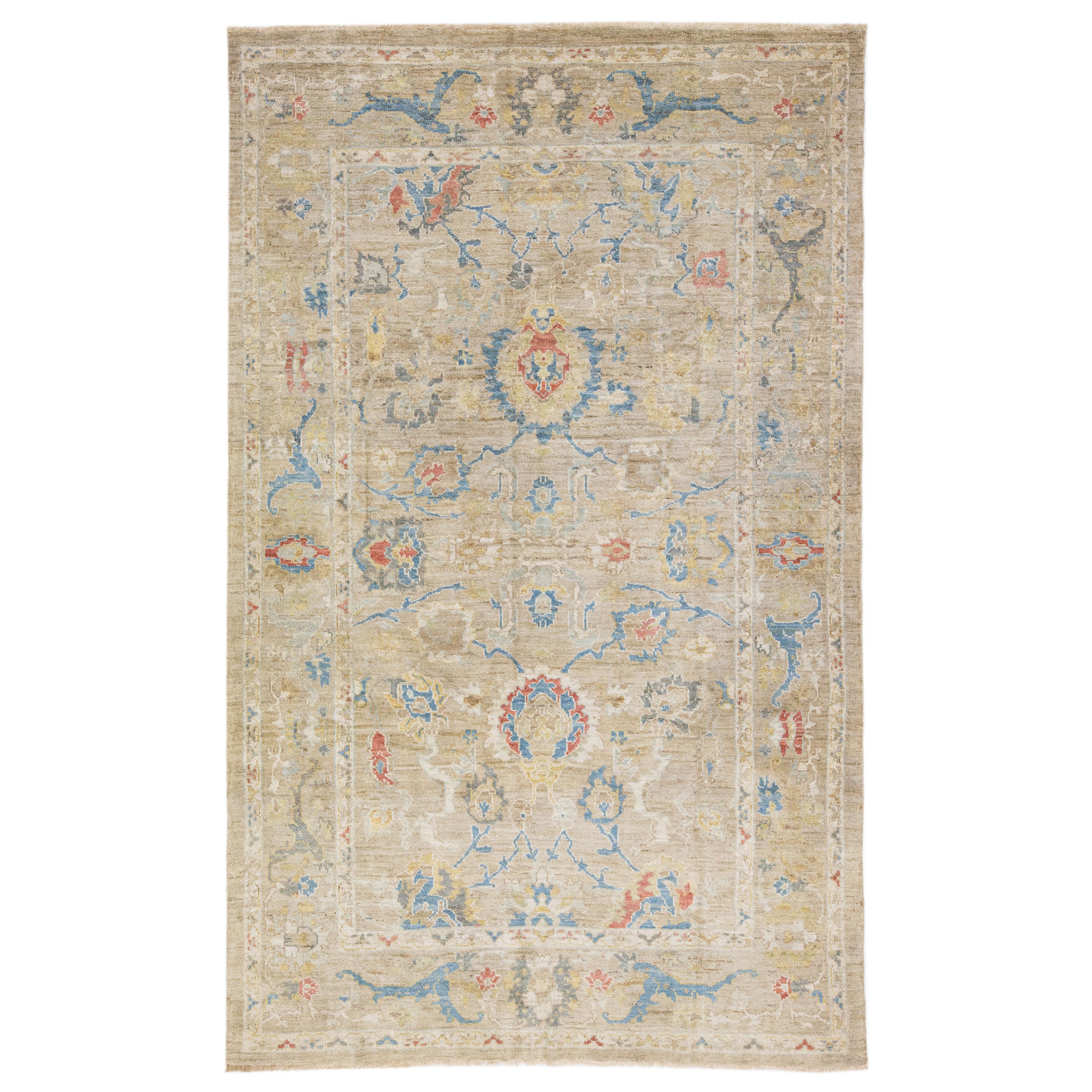 Tapis moderne en laine beige de Sultanabad fait à la main avec motif floral