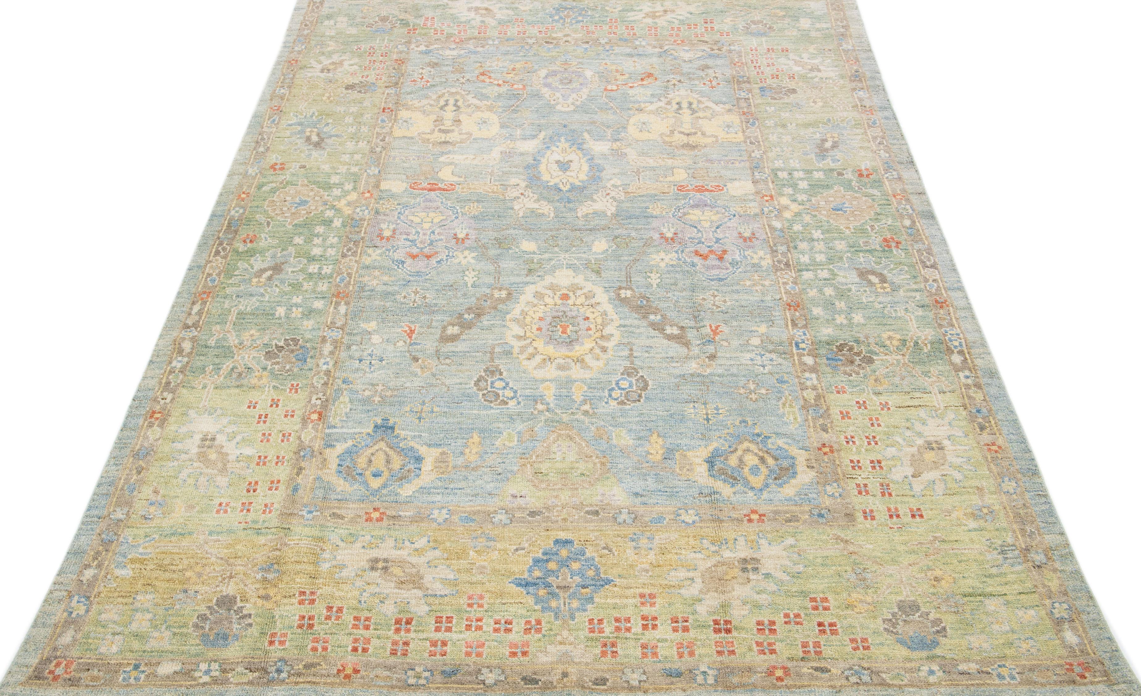 Persian Modern Sultanabad Blue & Green Handmade Allover Floral Wool Rug For Sale