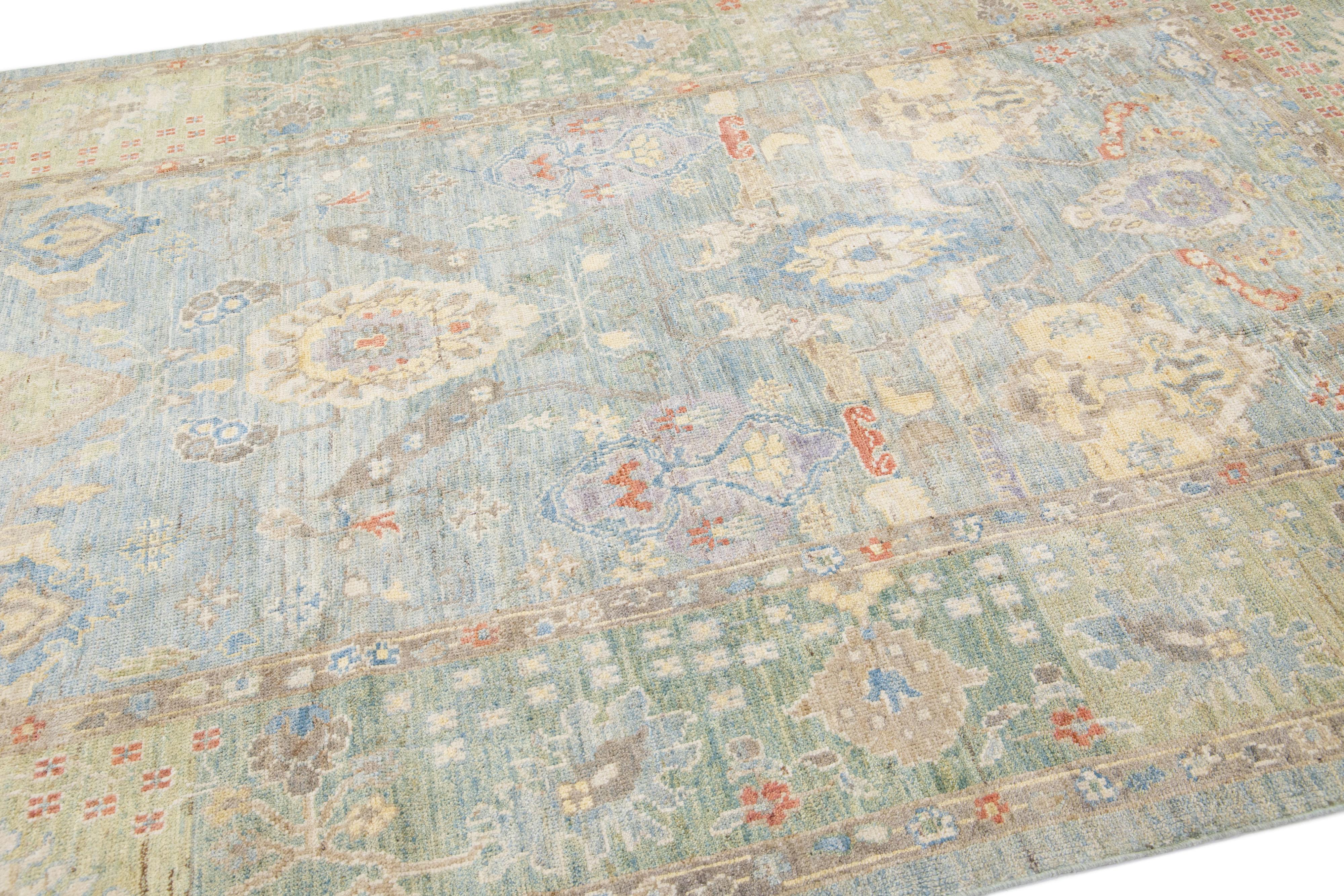 Modern Sultanabad Blue & Green Handmade Allover Floral Wool Rug In New Condition For Sale In Norwalk, CT