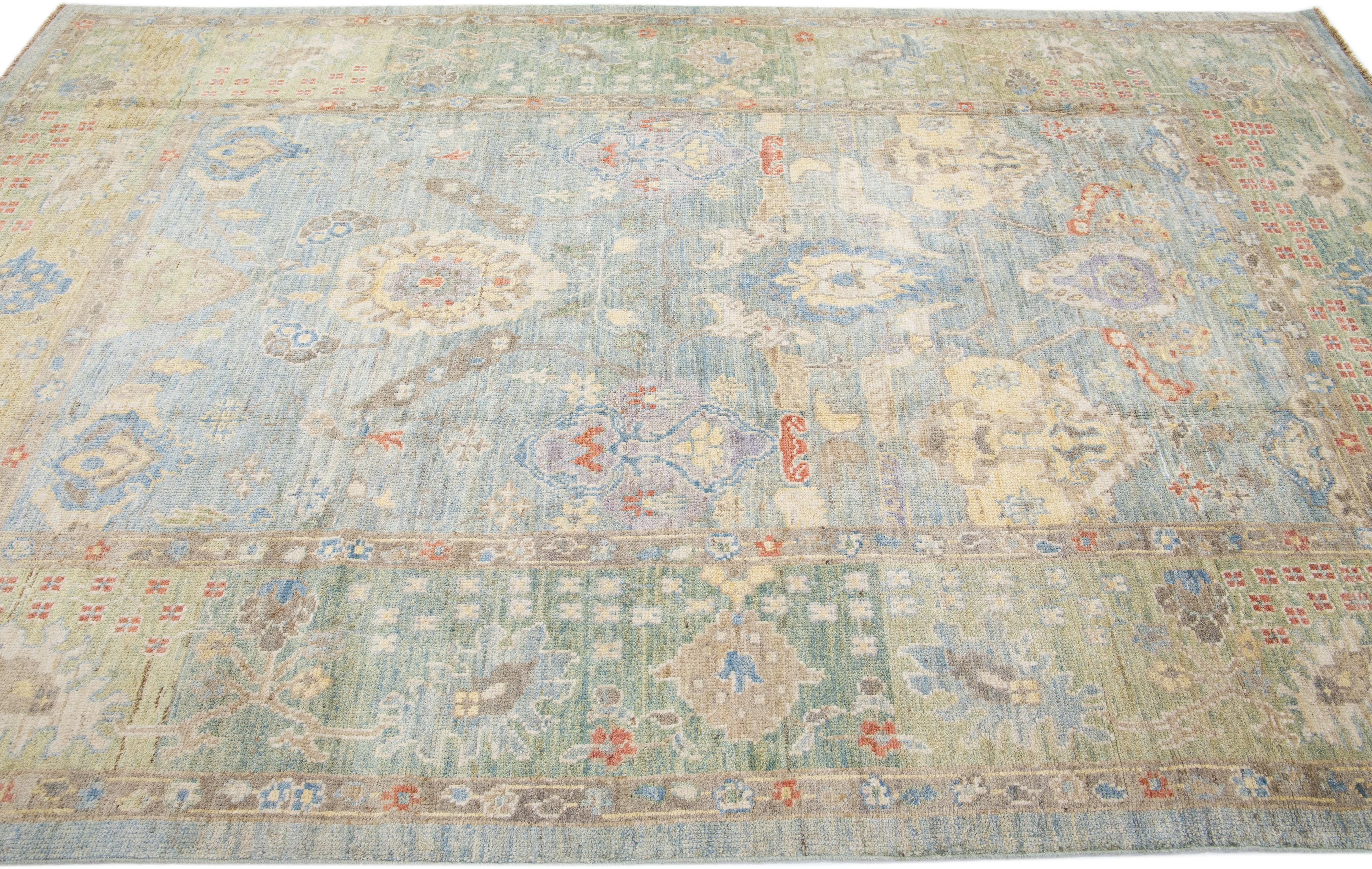 Contemporary Modern Sultanabad Blue & Green Handmade Allover Floral Wool Rug For Sale