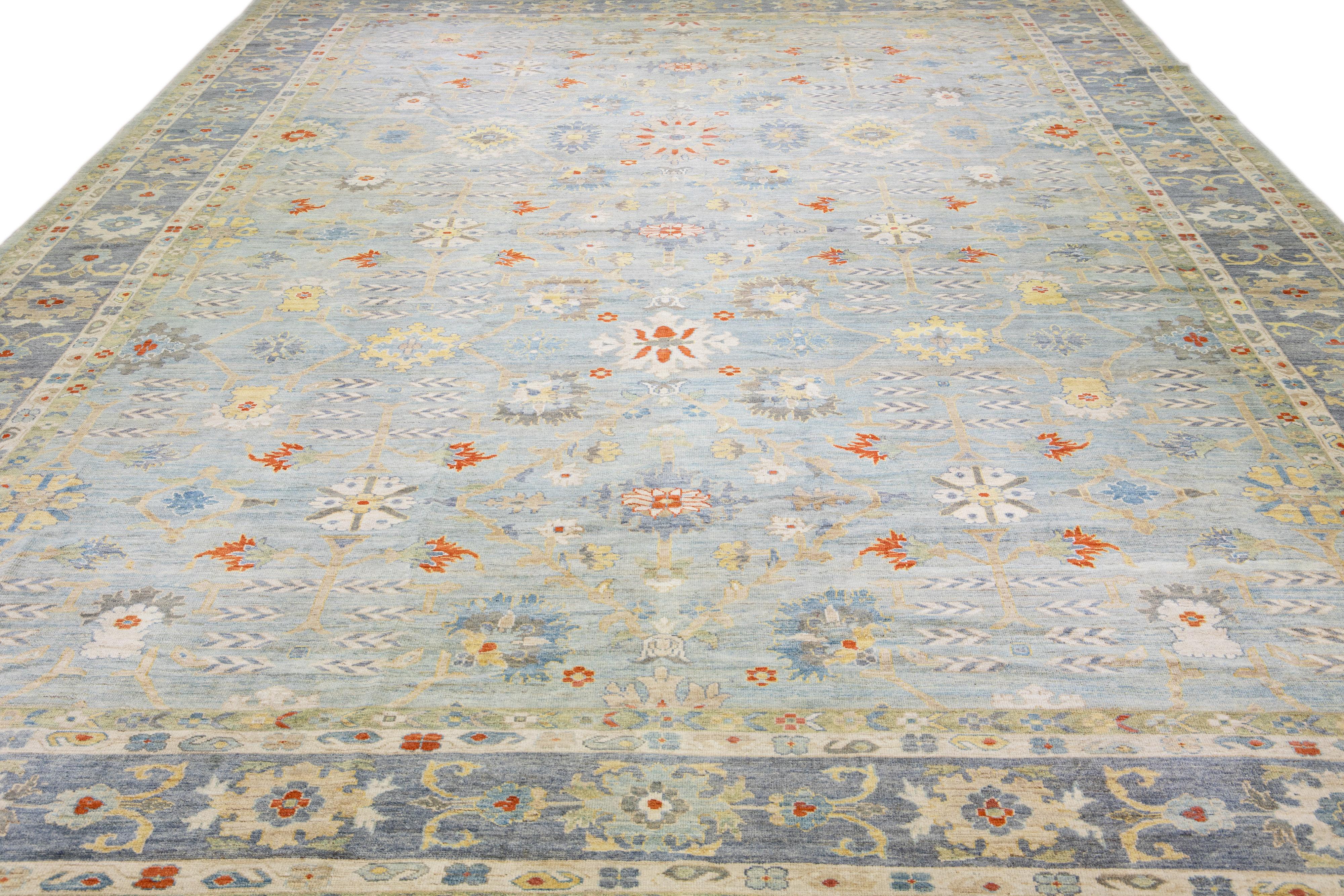 Persian Modern Sultanabad Blue Handmade Floral Design Wool Rug For Sale