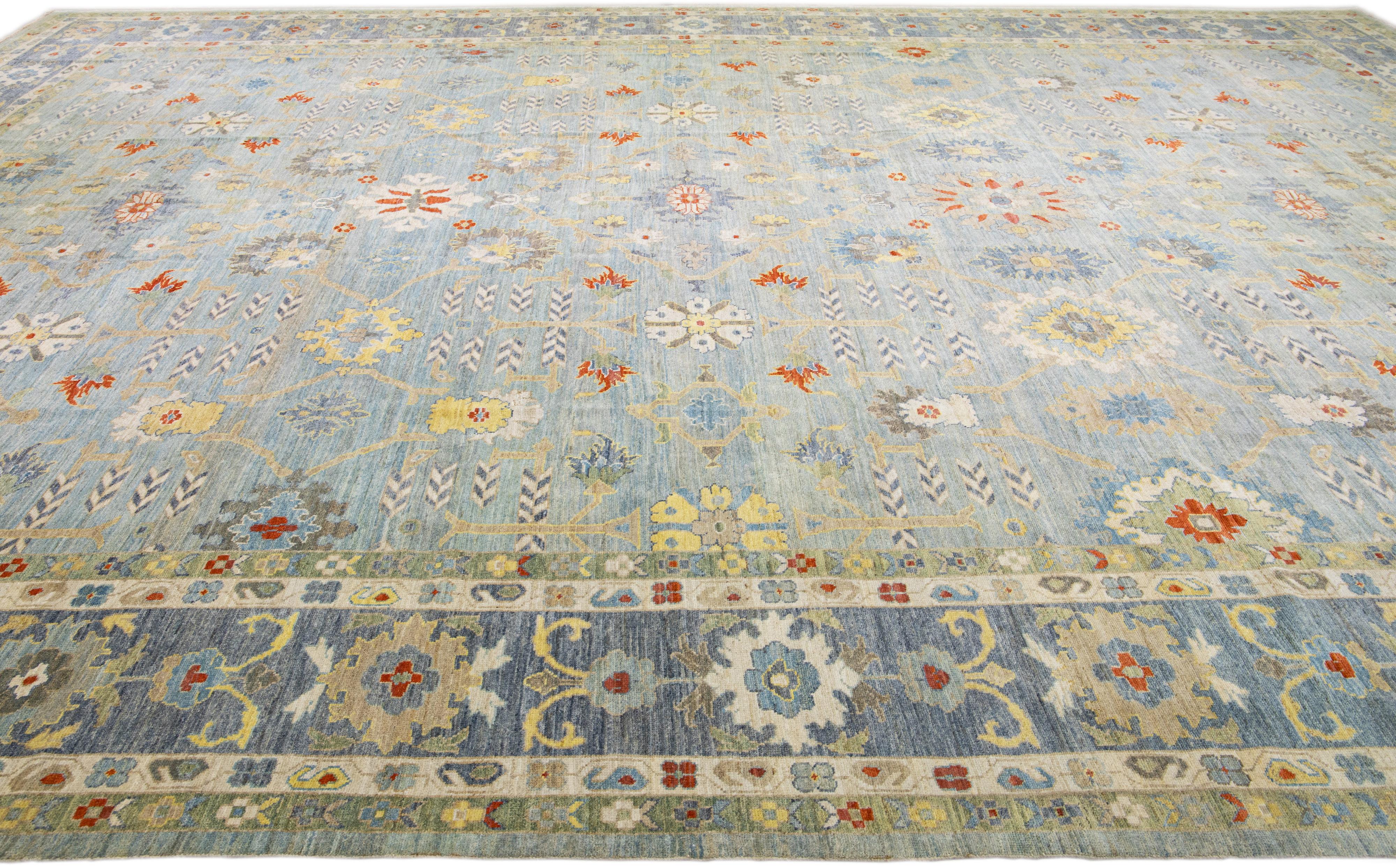 Hand-Knotted Modern Sultanabad Blue Handmade Floral Design Wool Rug For Sale