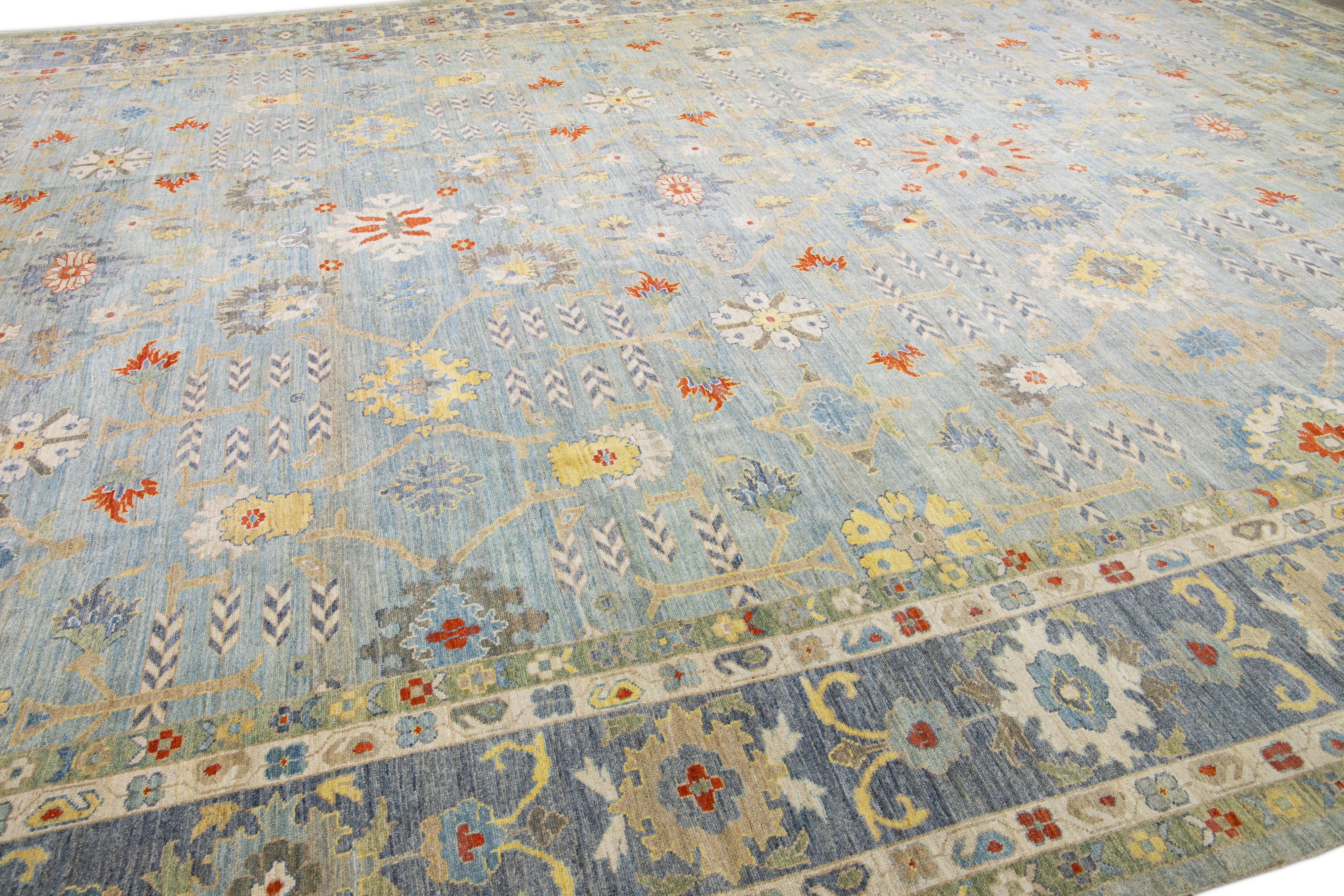 Contemporary Modern Sultanabad Blue Handmade Floral Design Wool Rug For Sale