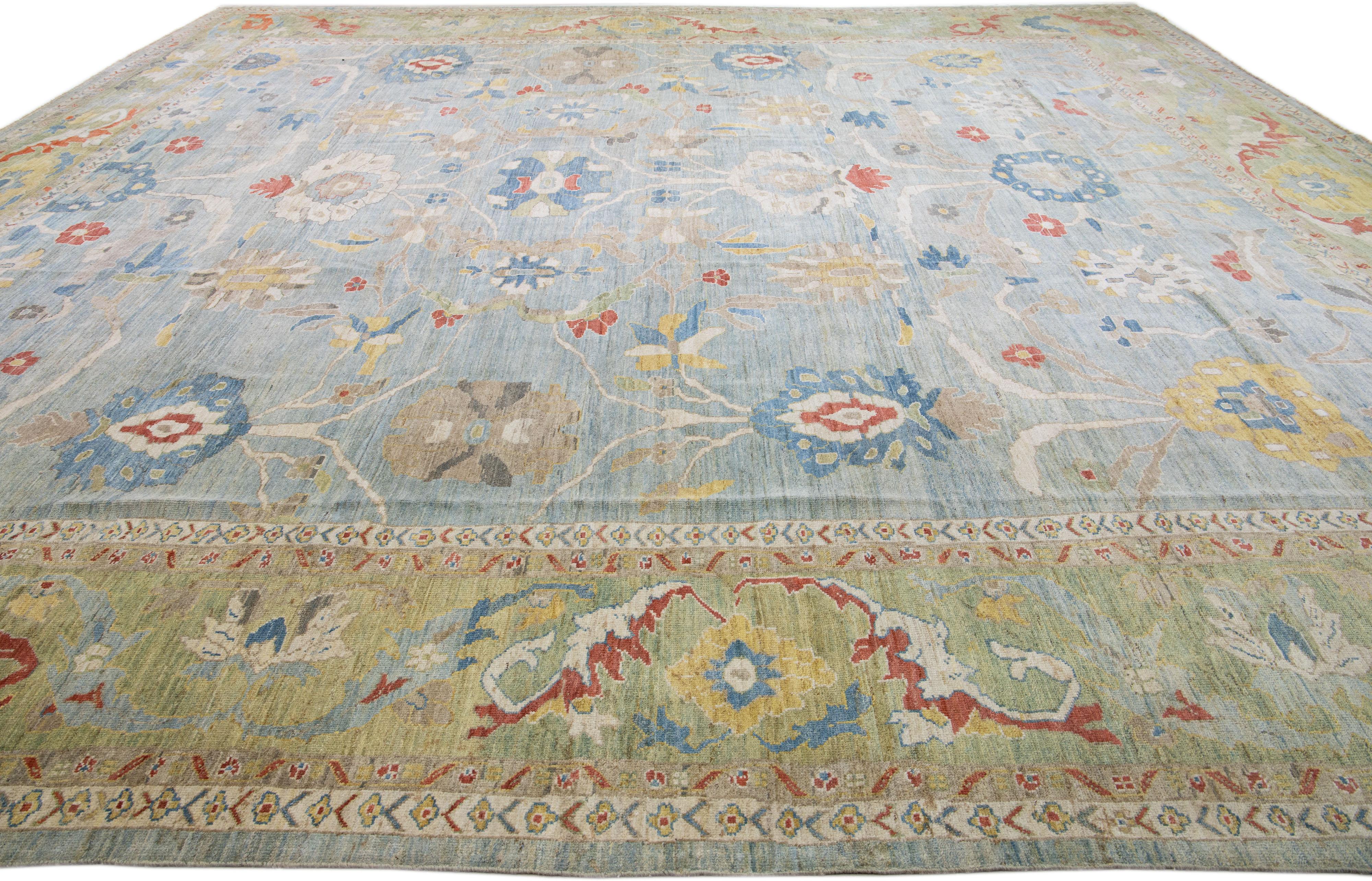 Persian Modern Sultanabad Blue Handmade Floral Motif Wool Rug For Sale