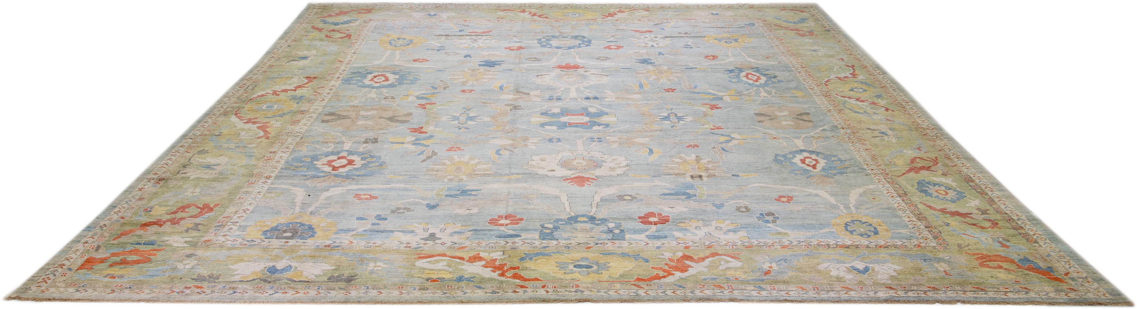 Hand-Knotted Modern Sultanabad Blue Handmade Floral Motif Wool Rug For Sale