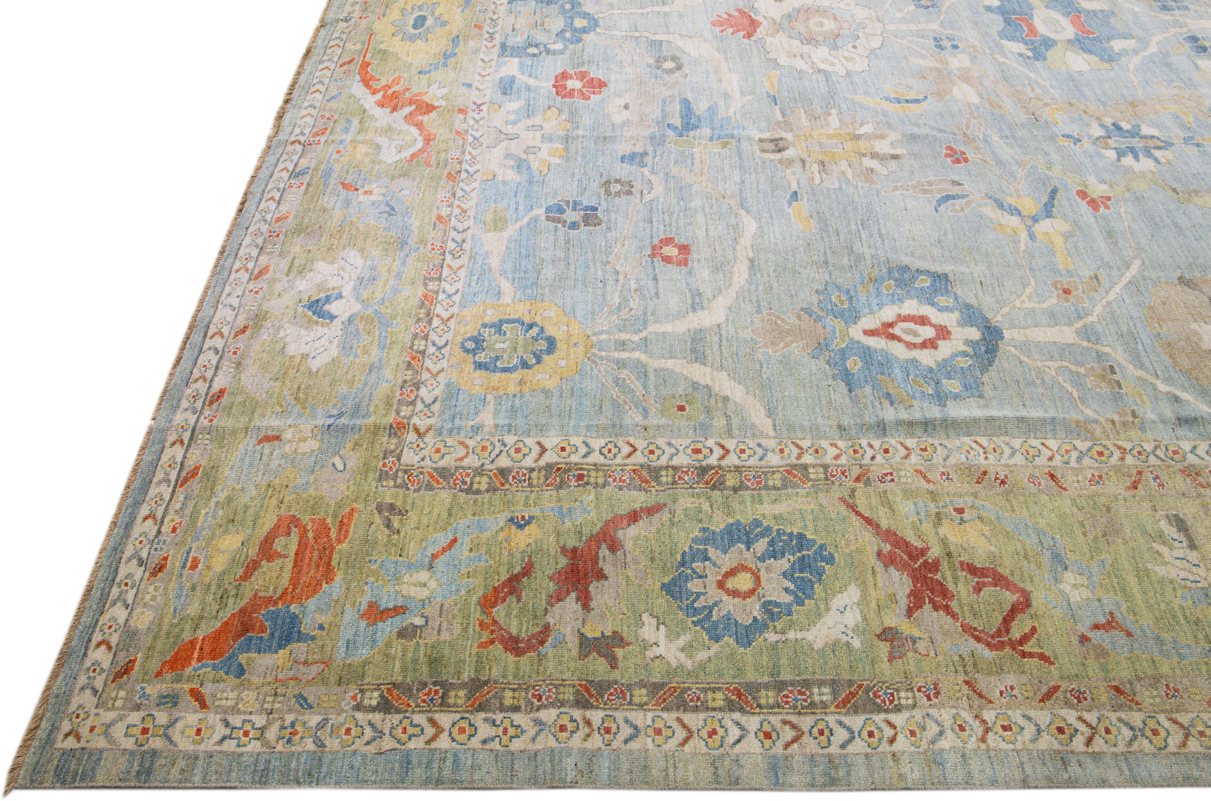 Contemporary Modern Sultanabad Blue Handmade Floral Motif Wool Rug For Sale
