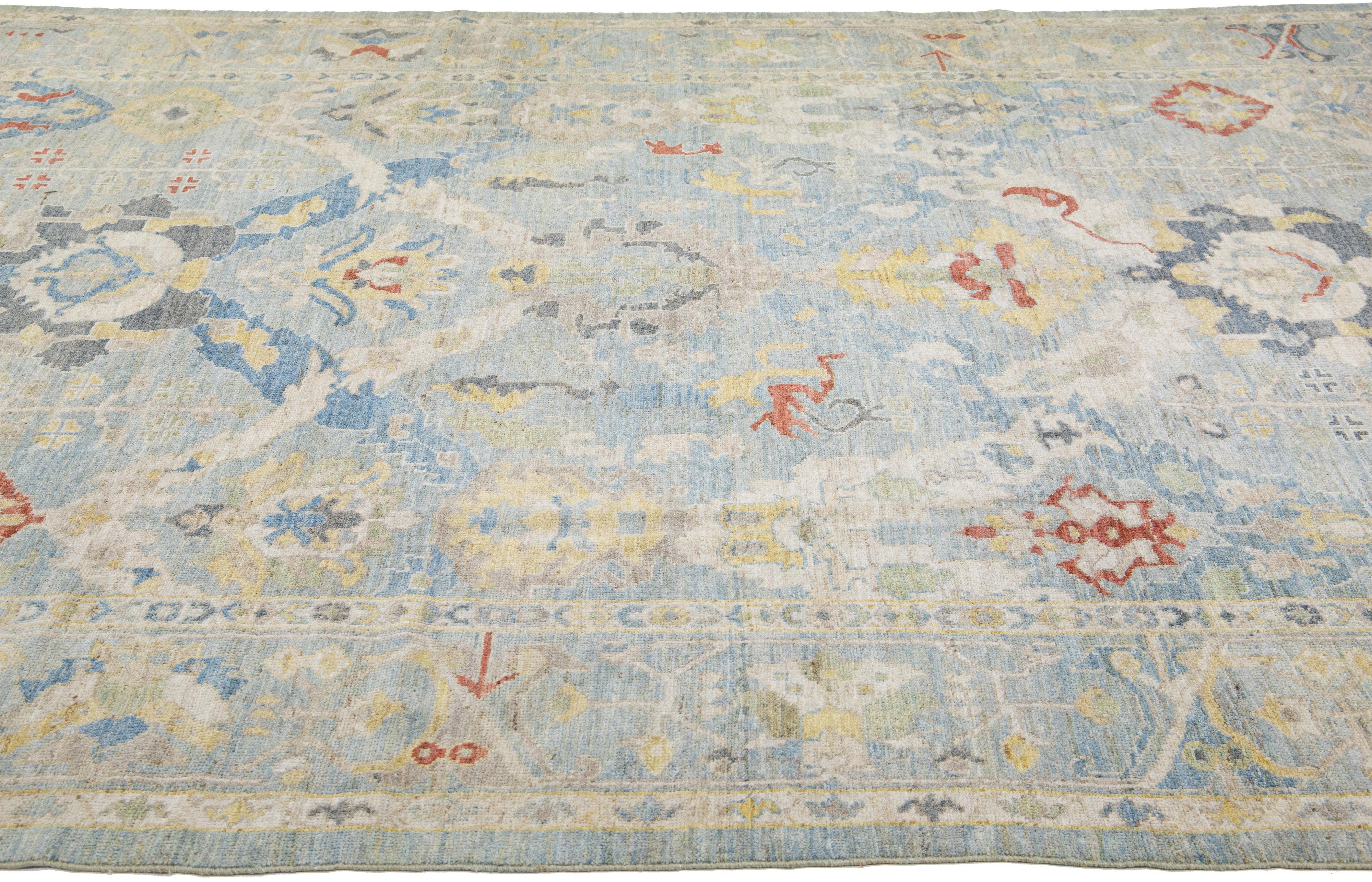 Hand-Knotted Modern Sultanabad Blue Handmade Floral Wool Rug For Sale
