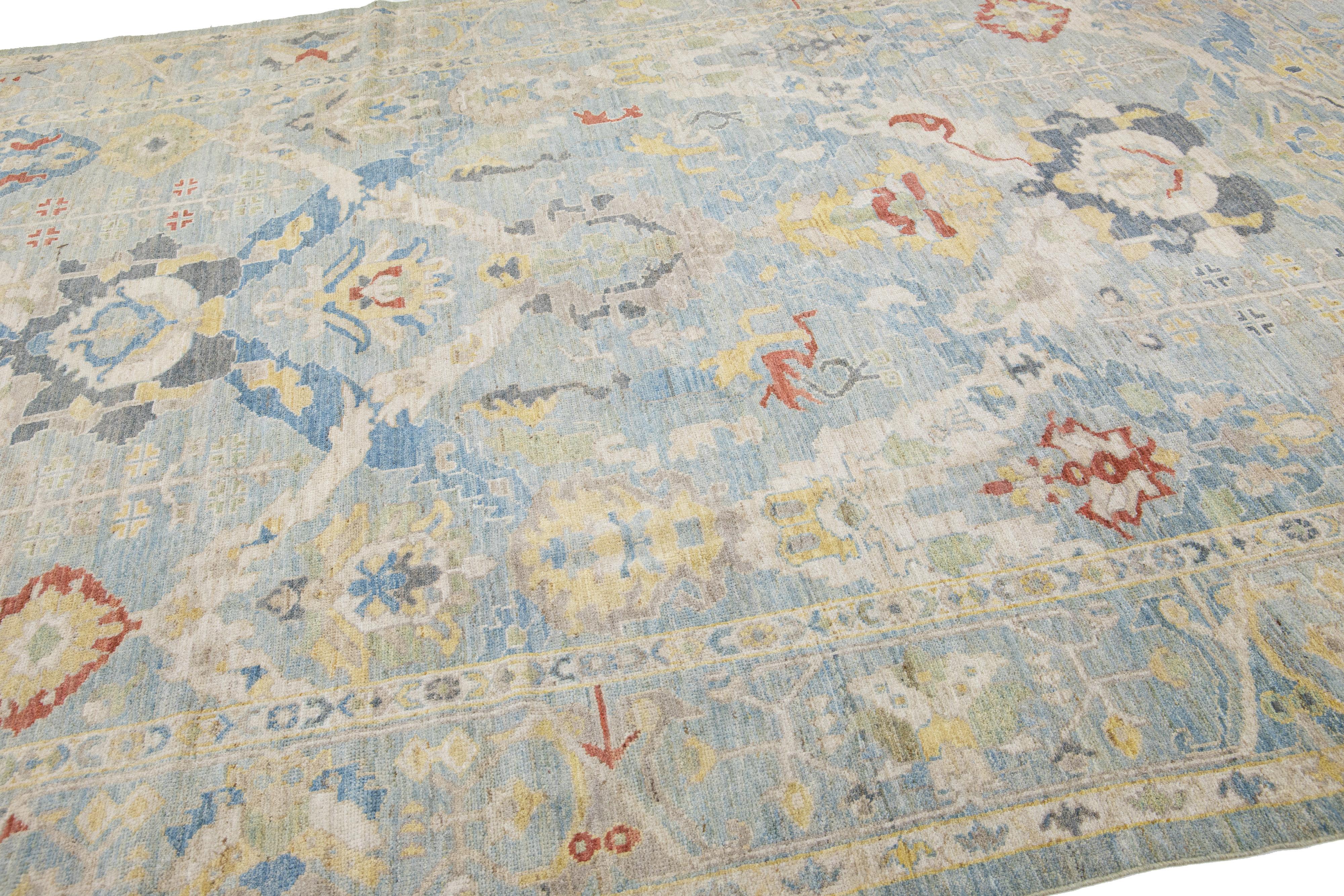 Contemporary Modern Sultanabad Blue Handmade Floral Wool Rug For Sale