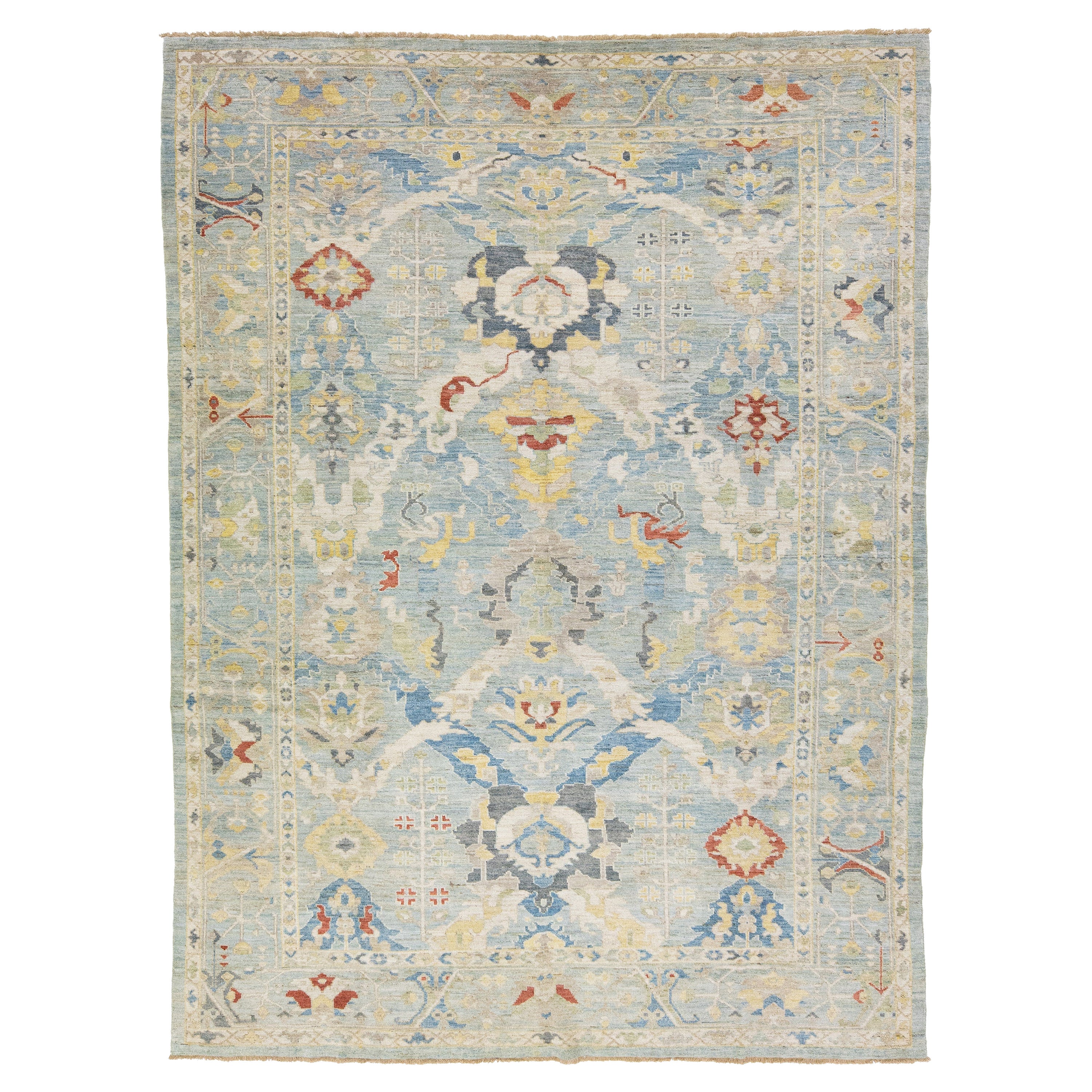 Tapis moderne bleu Sultanabad en laine à fleurs fait à la main