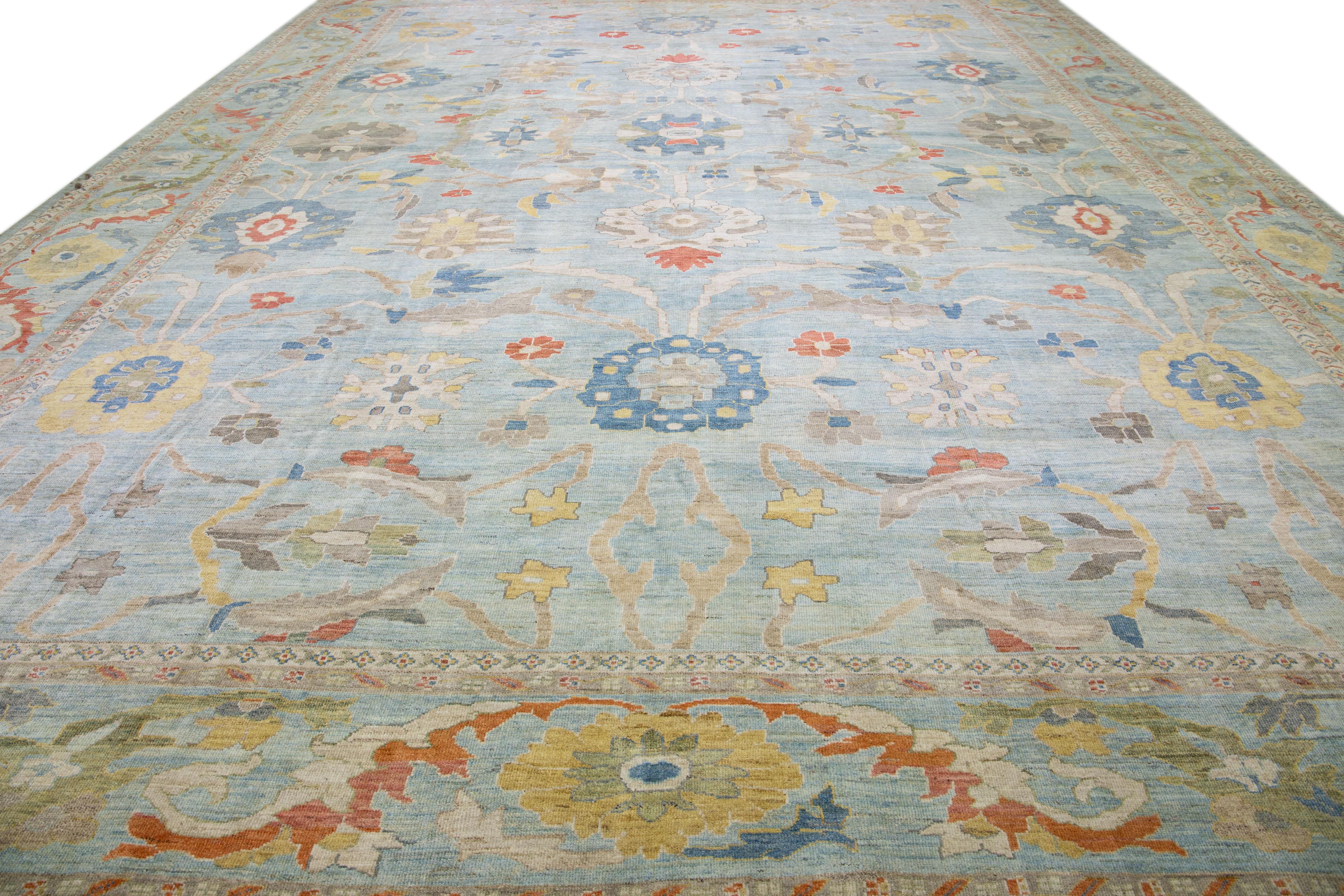 Moderner Sultanabad Blauer handgefertigter Wollteppich in Übergröße mit Blumenmuster (Persisch) im Angebot