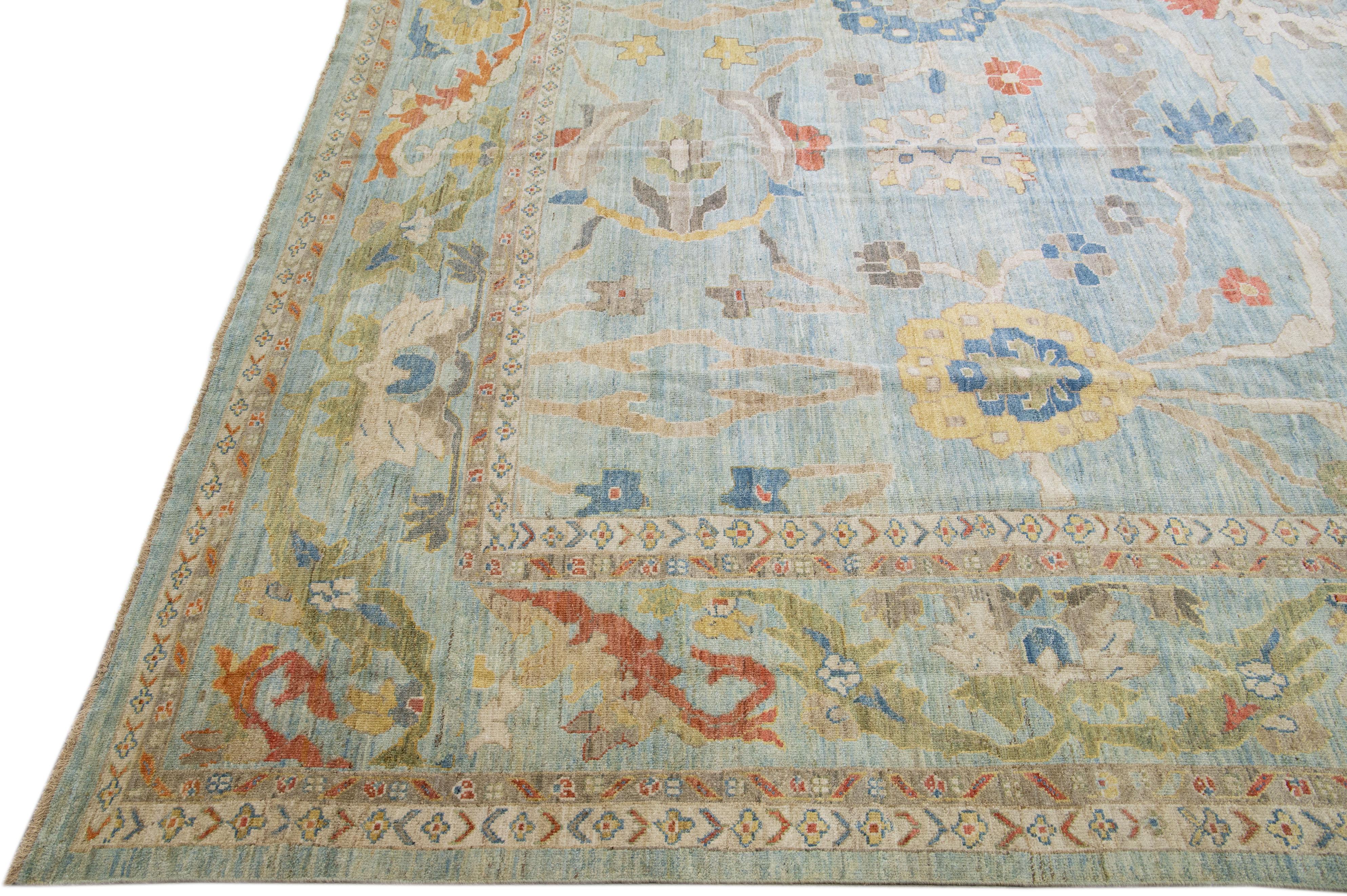 Moderner Sultanabad Blauer handgefertigter Wollteppich in Übergröße mit Blumenmuster (Handgeknüpft) im Angebot