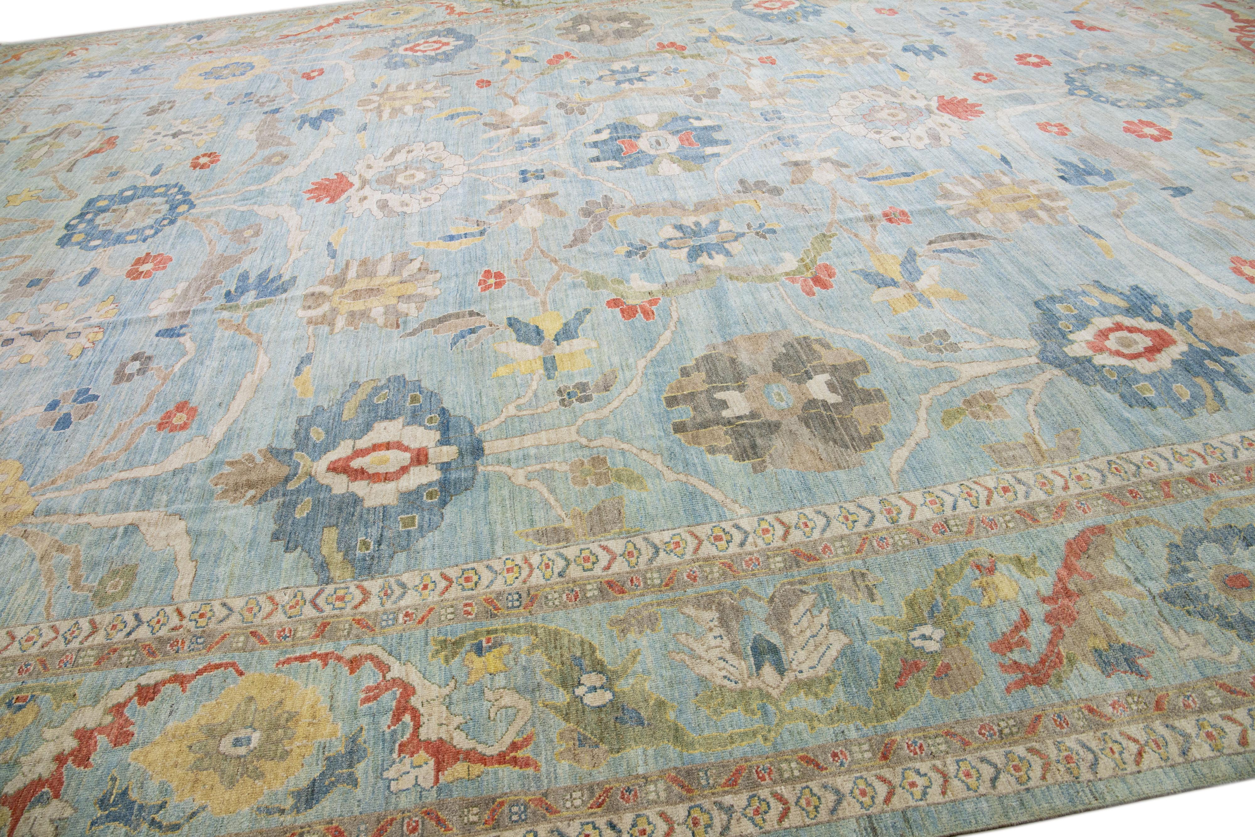 Moderner Sultanabad Blauer handgefertigter Wollteppich in Übergröße mit Blumenmuster im Zustand „Neu“ im Angebot in Norwalk, CT
