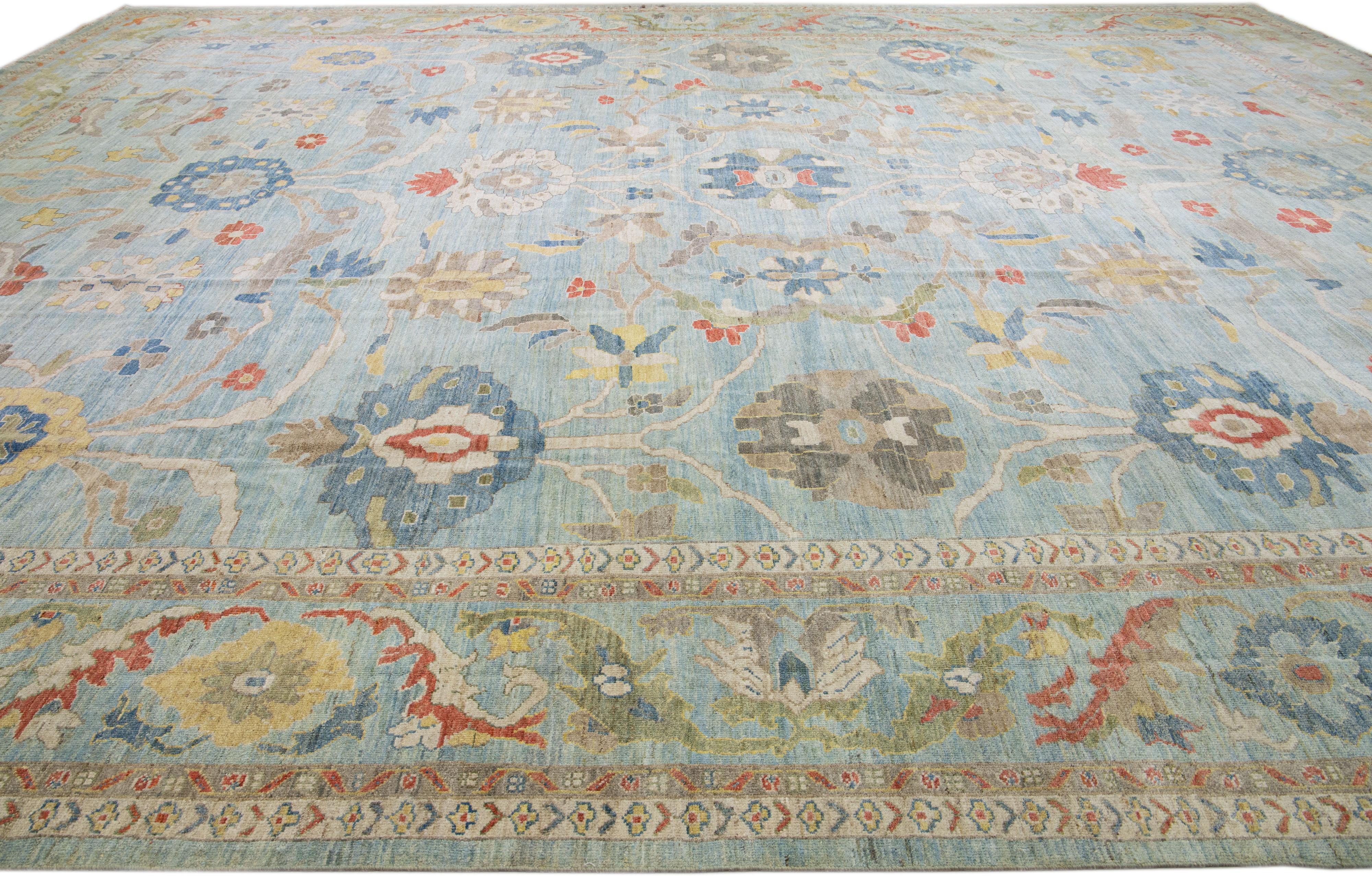Moderner Sultanabad Blauer handgefertigter Wollteppich in Übergröße mit Blumenmuster (21. Jahrhundert und zeitgenössisch) im Angebot