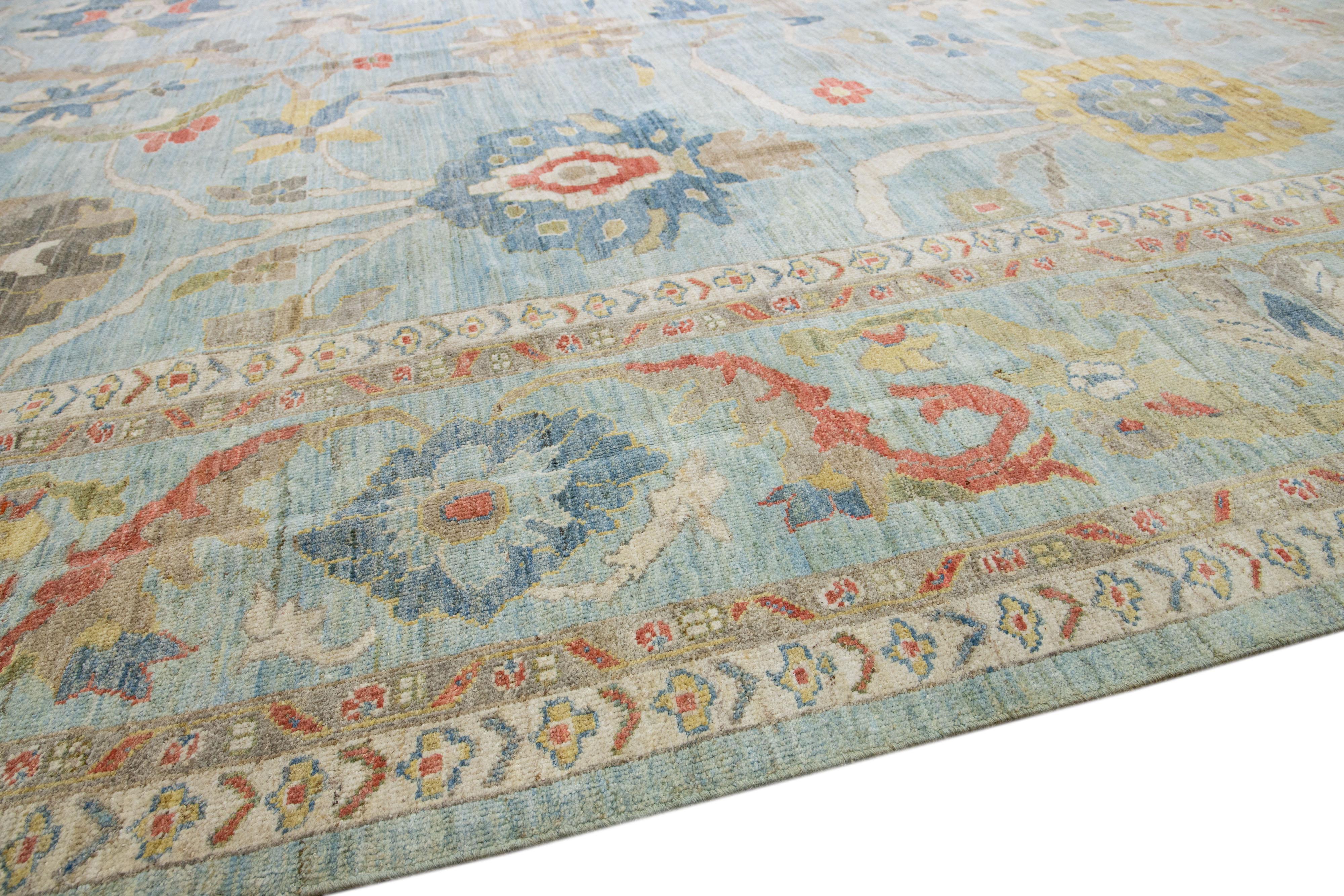 Moderner Sultanabad Blauer handgefertigter Wollteppich in Übergröße mit Blumenmuster (Wolle) im Angebot