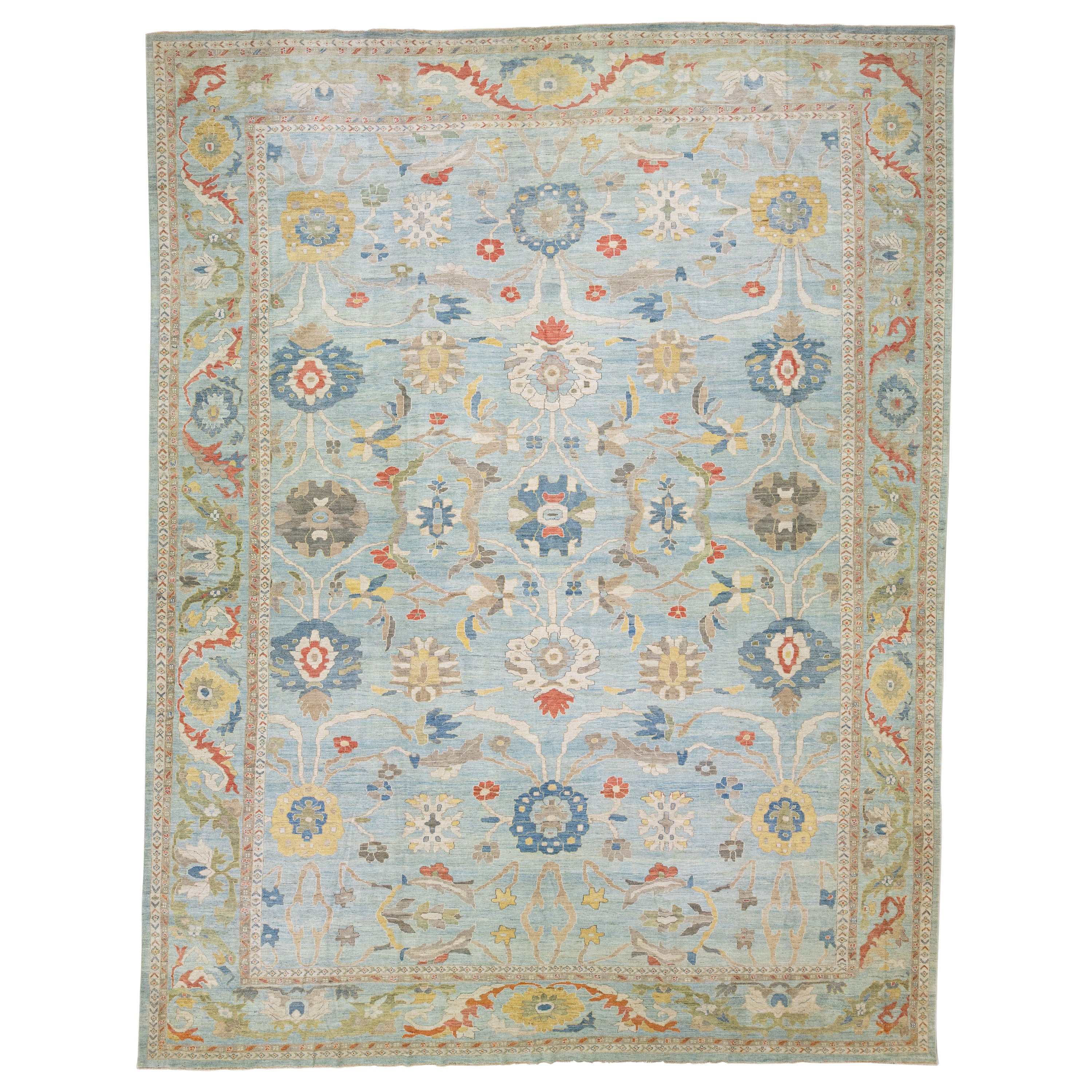 Moderner Sultanabad Blauer handgefertigter Wollteppich in Übergröße mit Blumenmuster