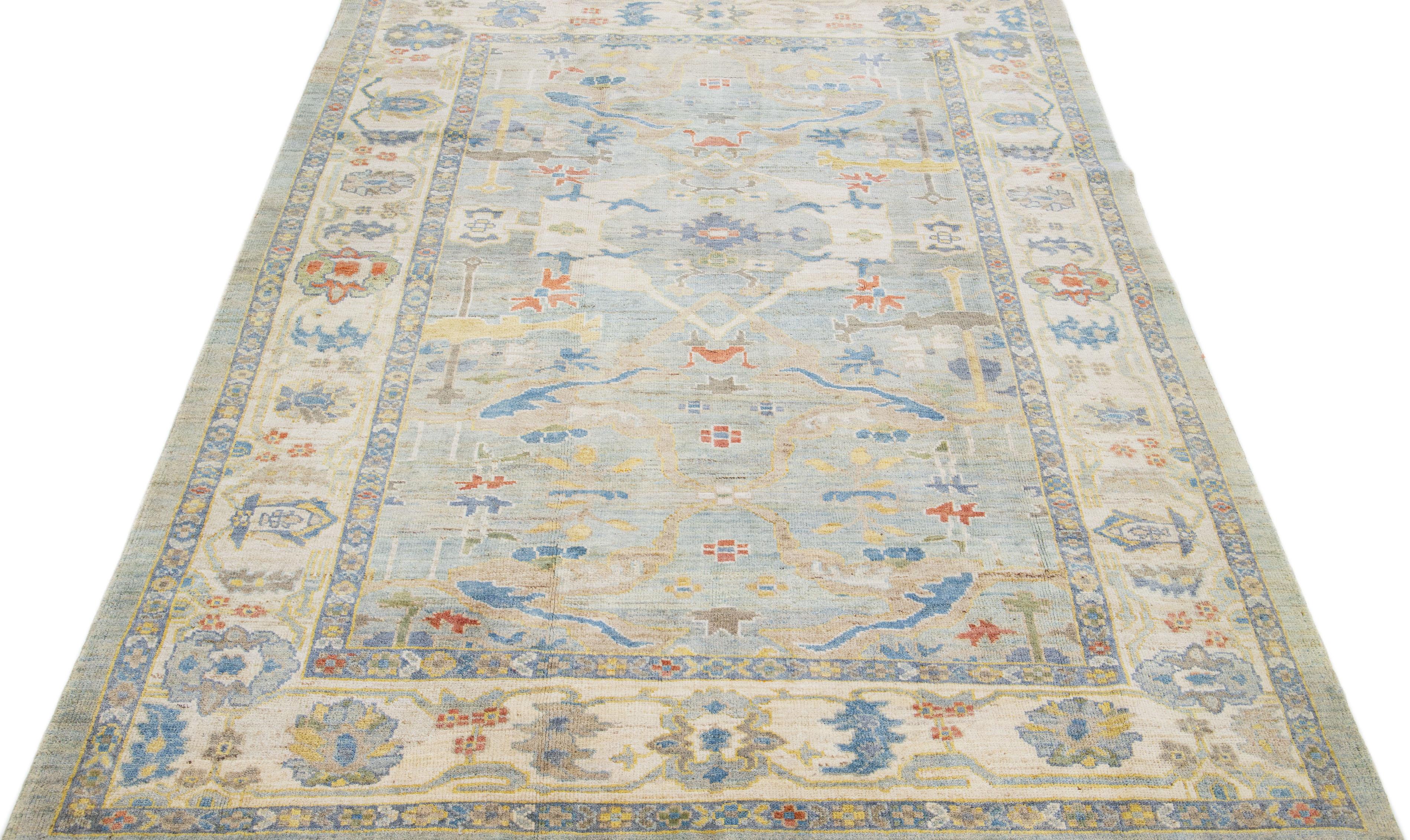 Persian Modern Sultanabad Blue Handmade Room Size Wool Rug with Allover Motif For Sale