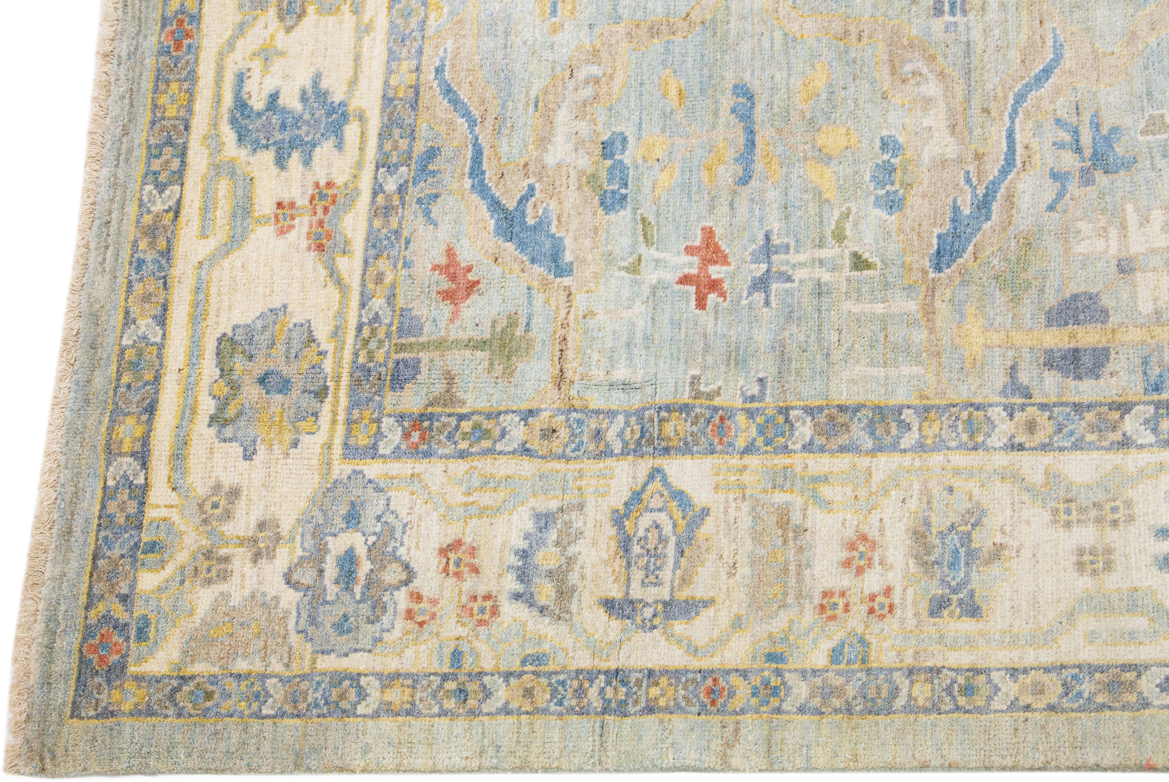 Hand-Knotted Modern Sultanabad Blue Handmade Room Size Wool Rug with Allover Motif For Sale