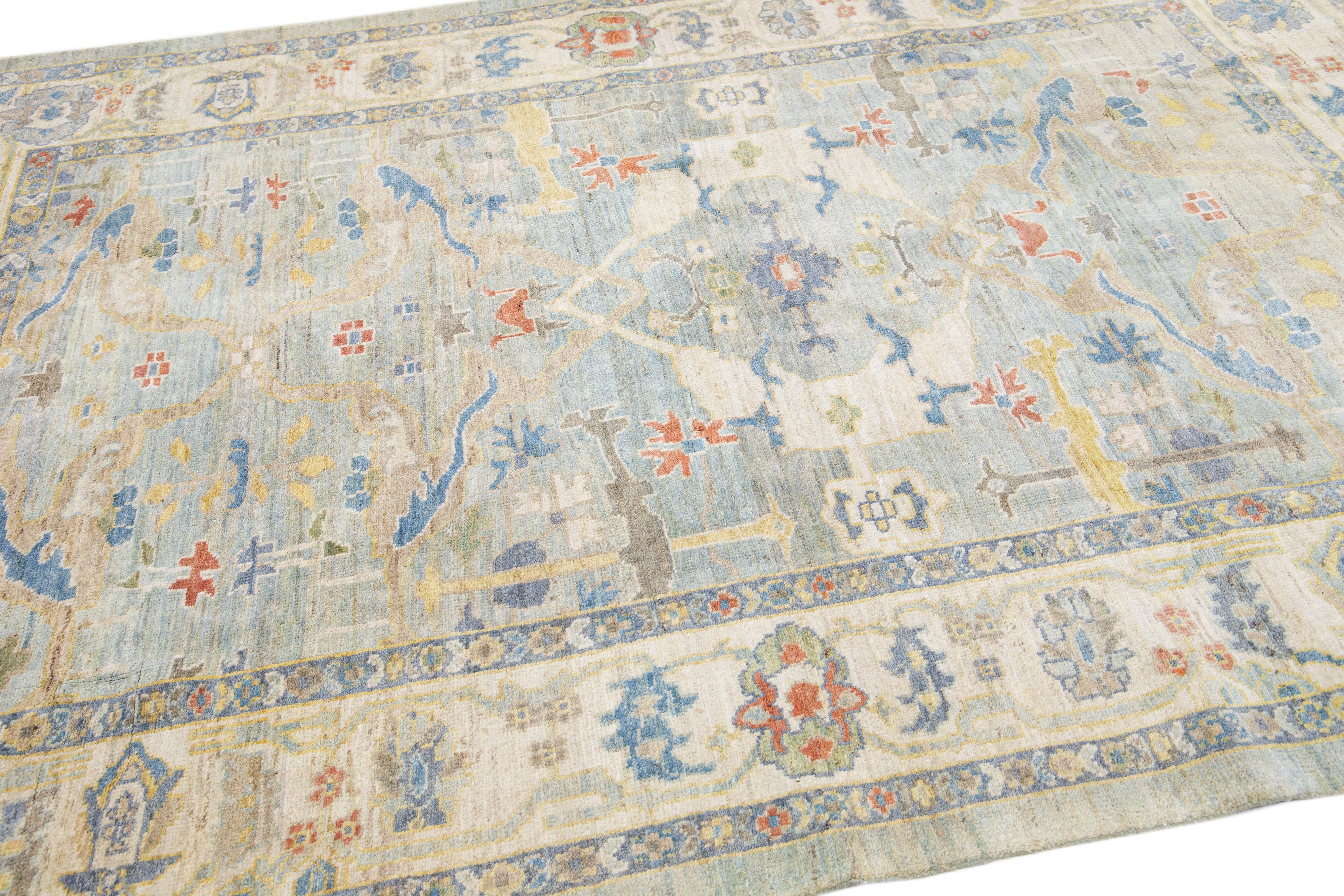 Modern Sultanabad Blue Handmade Room Size Wool Rug with Allover Motif In New Condition For Sale In Norwalk, CT