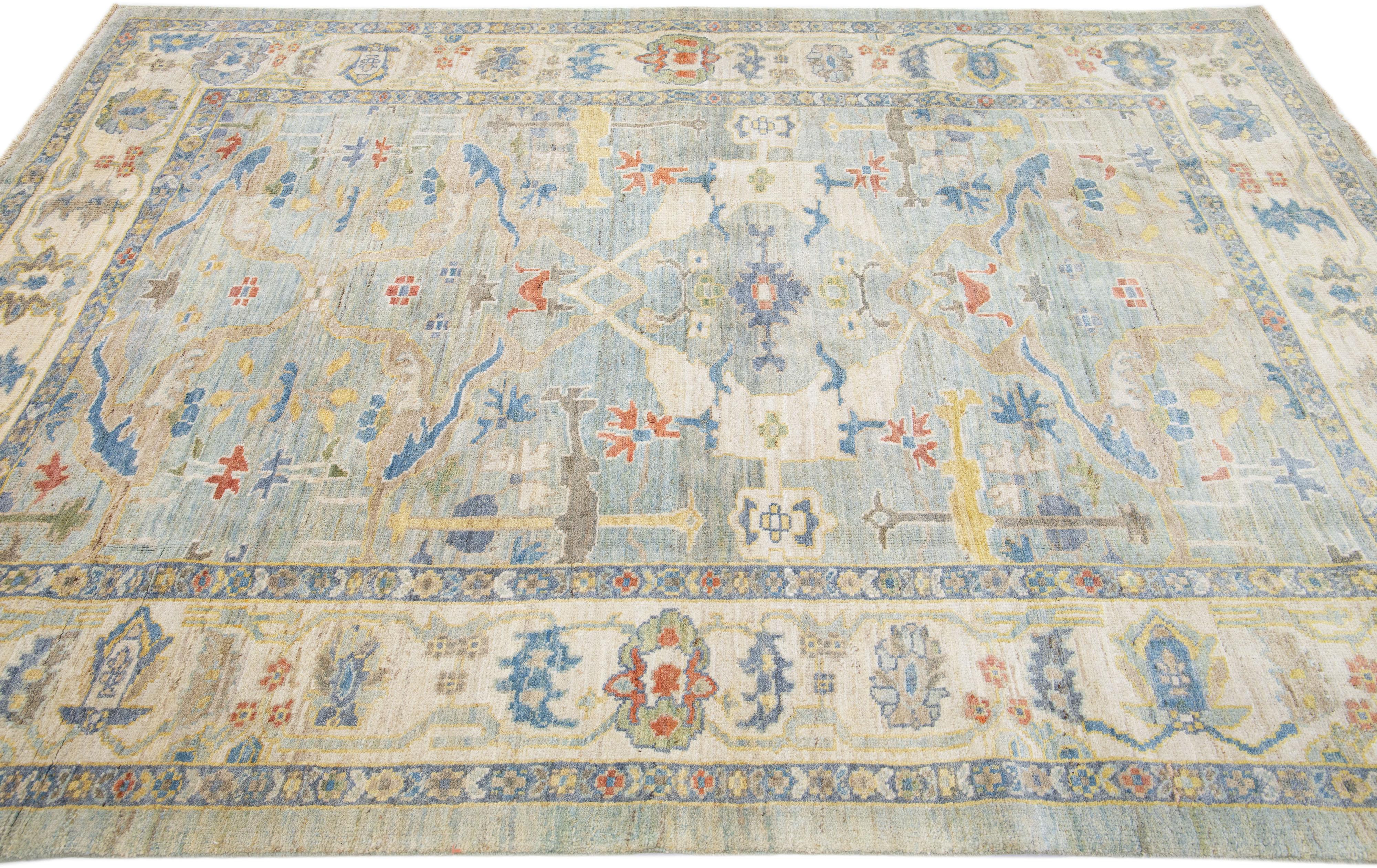 Contemporary Modern Sultanabad Blue Handmade Room Size Wool Rug with Allover Motif For Sale