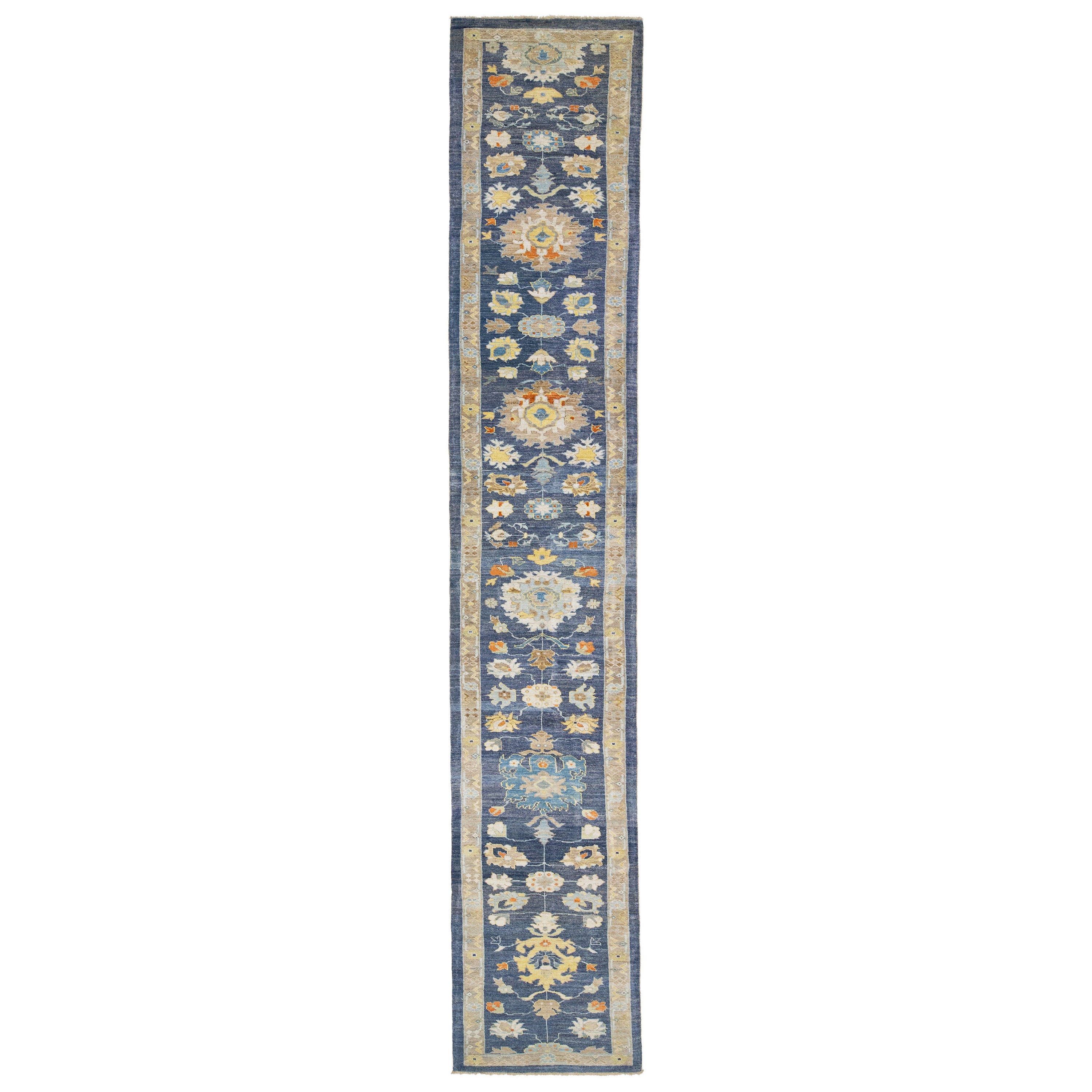 Runner moderno Sultanabad in lana blu fatto a mano con motivi floreali