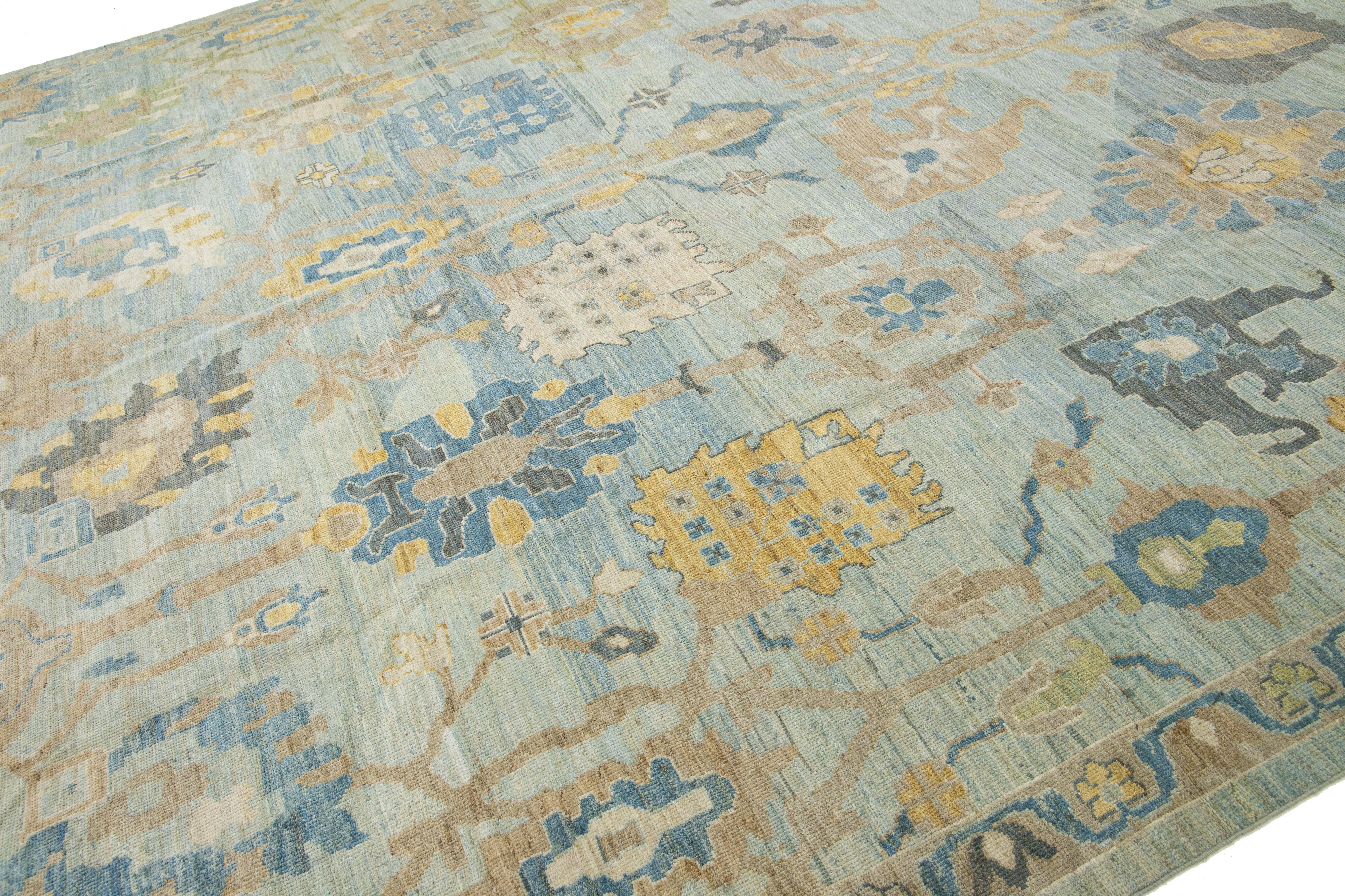 Pakistani Modern Sultanabad Blue Wool Rug Handmade Allover Floral  For Sale