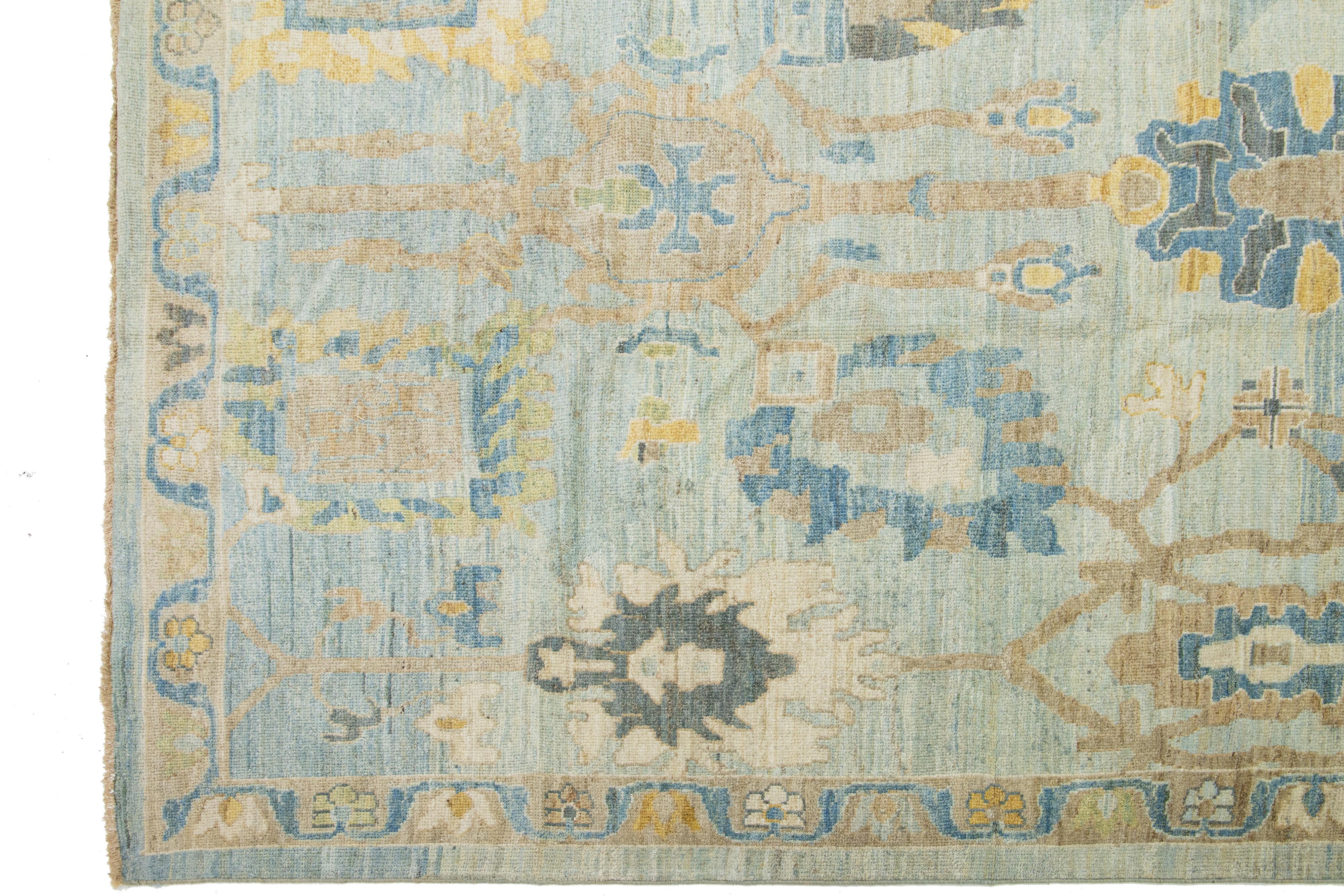 Hand-Knotted Modern Sultanabad Blue Wool Rug Handmade Allover Floral  For Sale