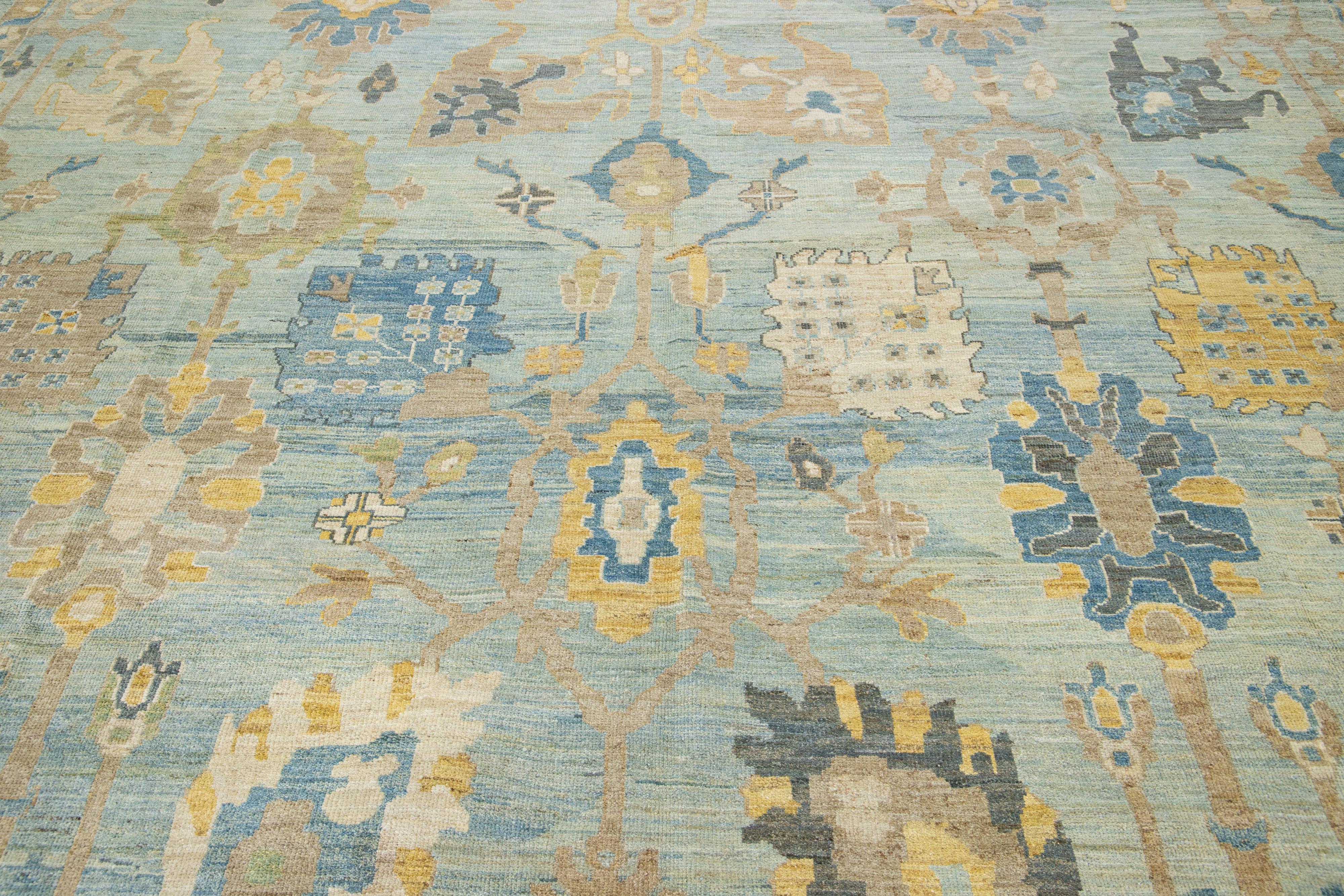 Contemporary Modern Sultanabad Blue Wool Rug Handmade Allover Floral  For Sale