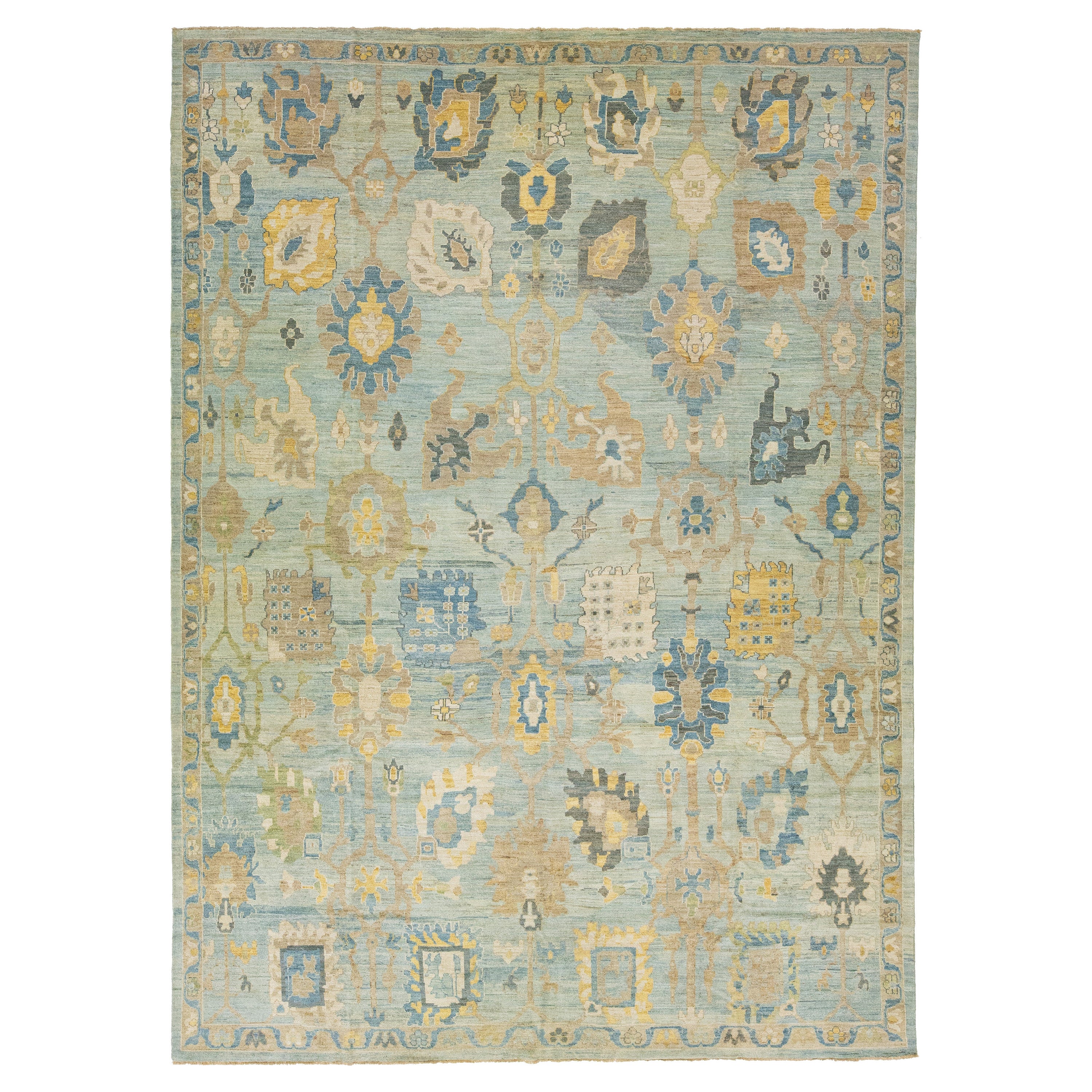 Tapis moderne Sultanabad en laine bleue fait à la main, motif floral