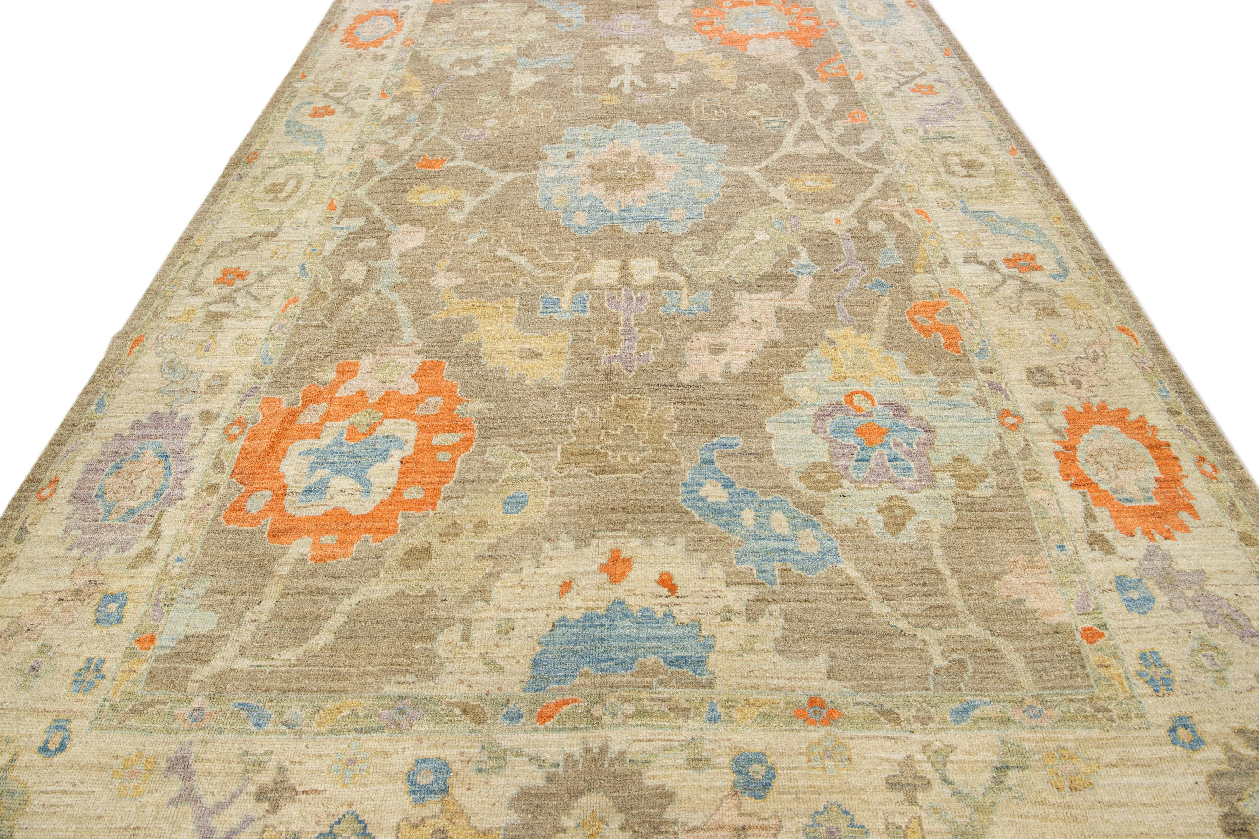 Persian Modern Sultanabad Brown Handmade Floral Design Wool Rug For Sale