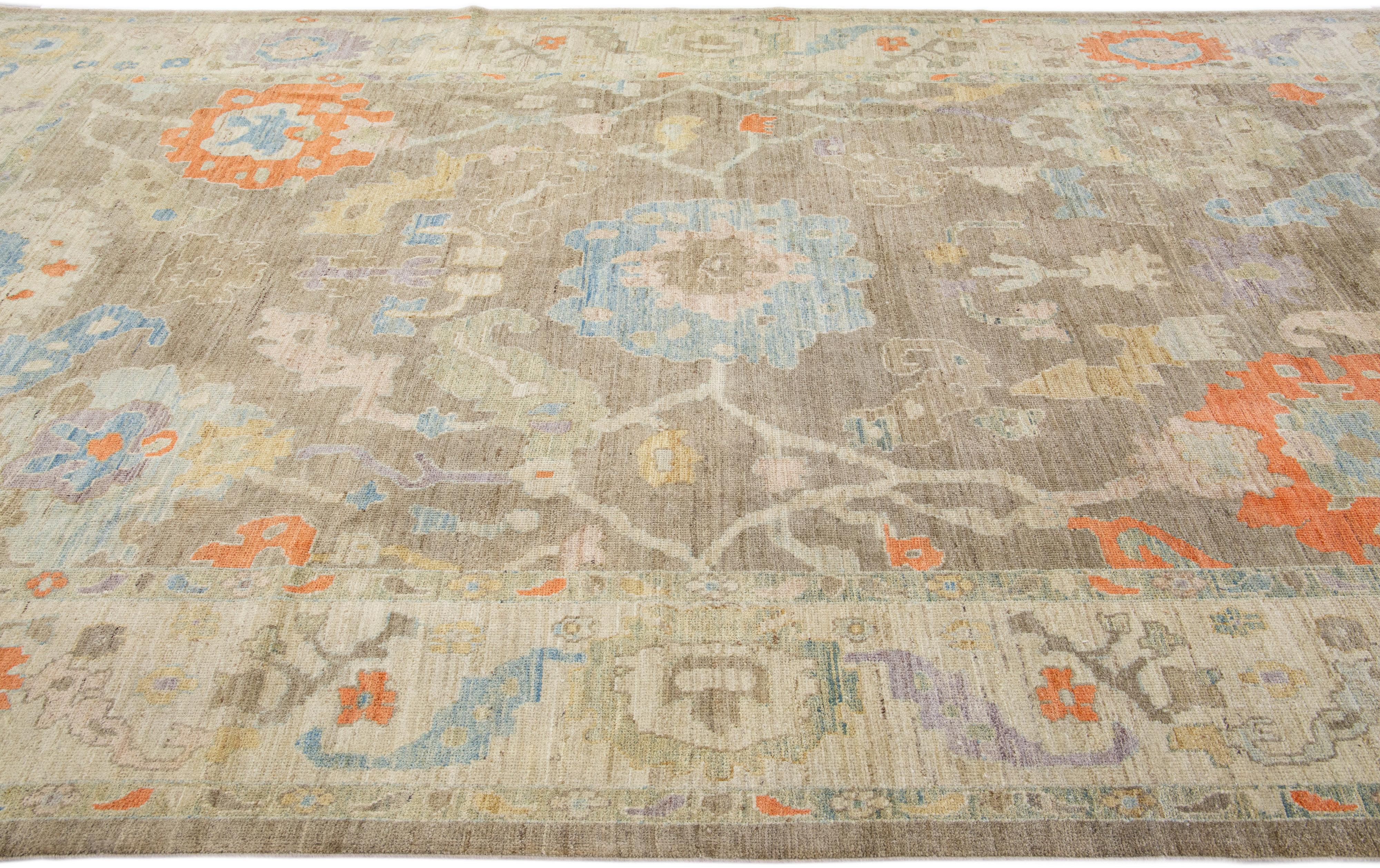 Hand-Knotted Modern Sultanabad Brown Handmade Floral Design Wool Rug For Sale