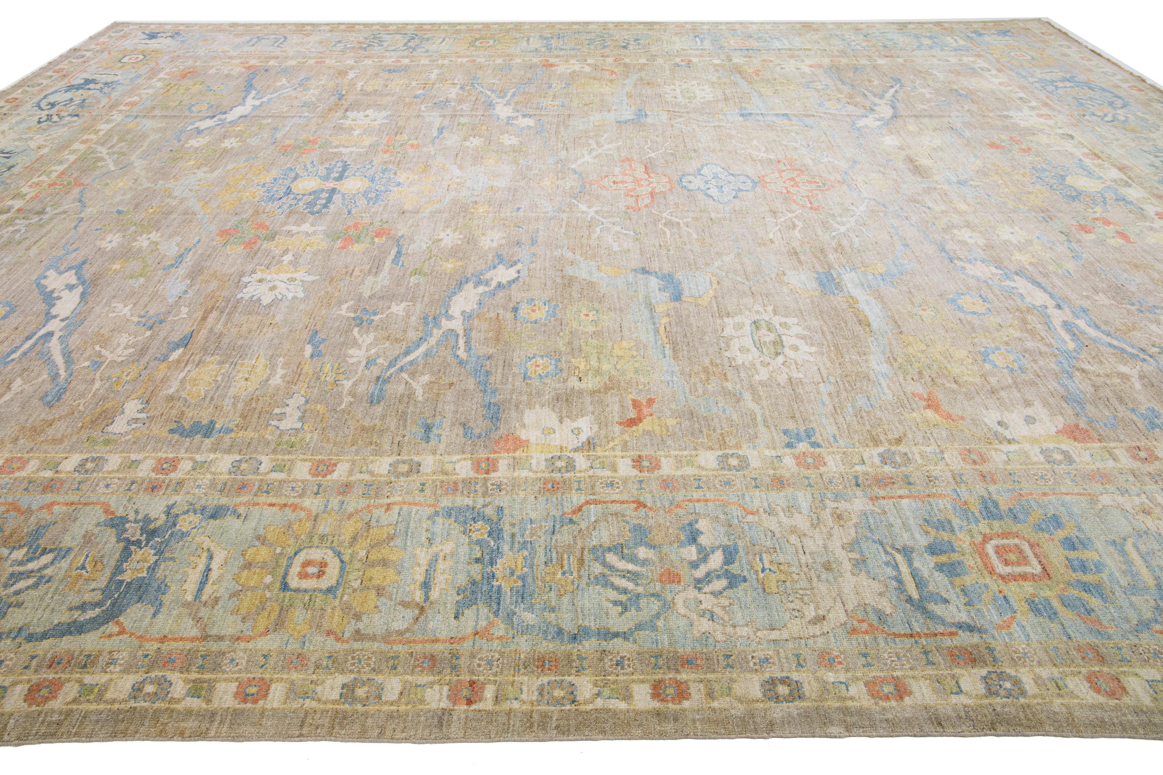 Contemporary Modern Sultanabad Brown Handmade Floral Designed Wool Rug For Sale