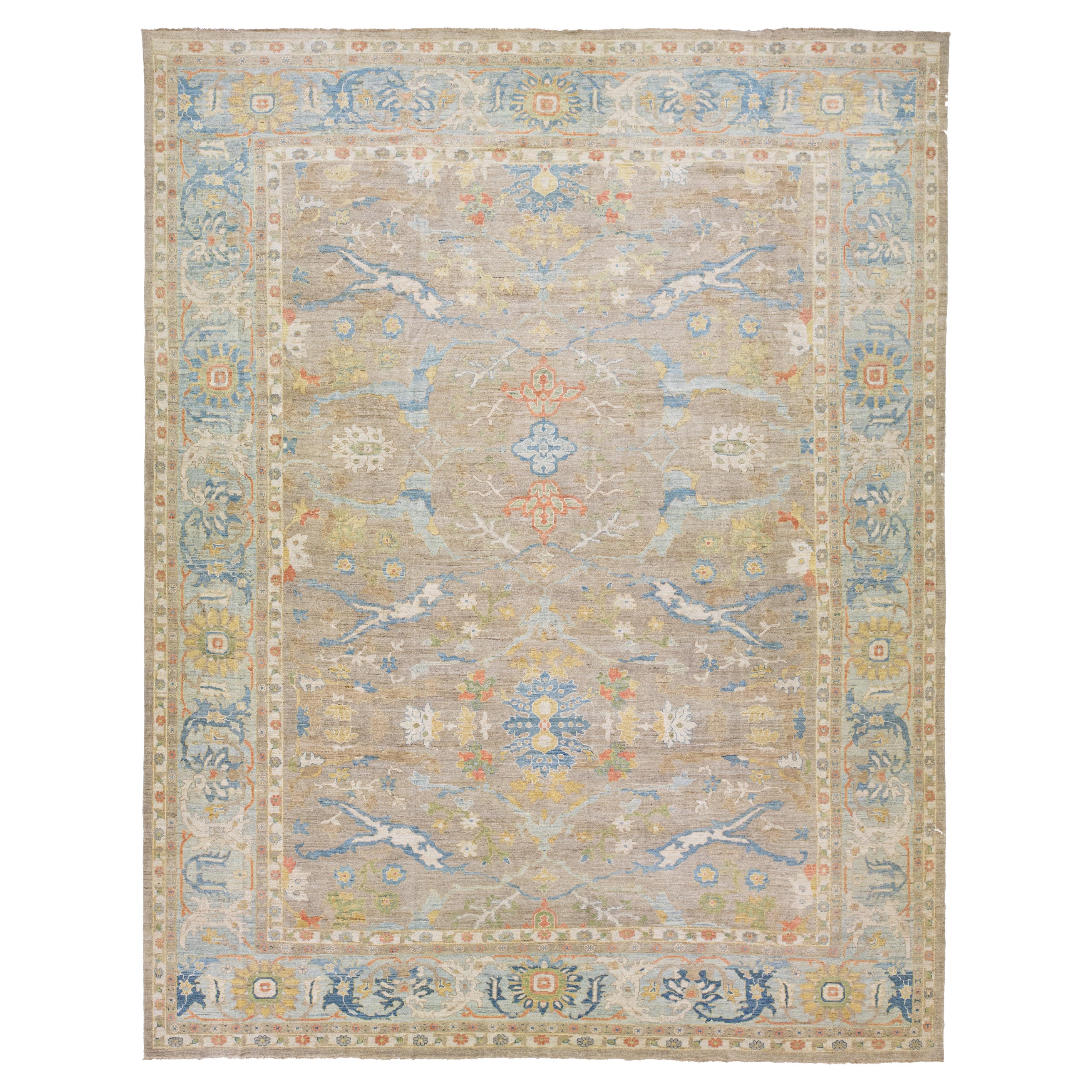 Modern Sultanabad Brown Handmade Floral Designed Wool Rug For Sale